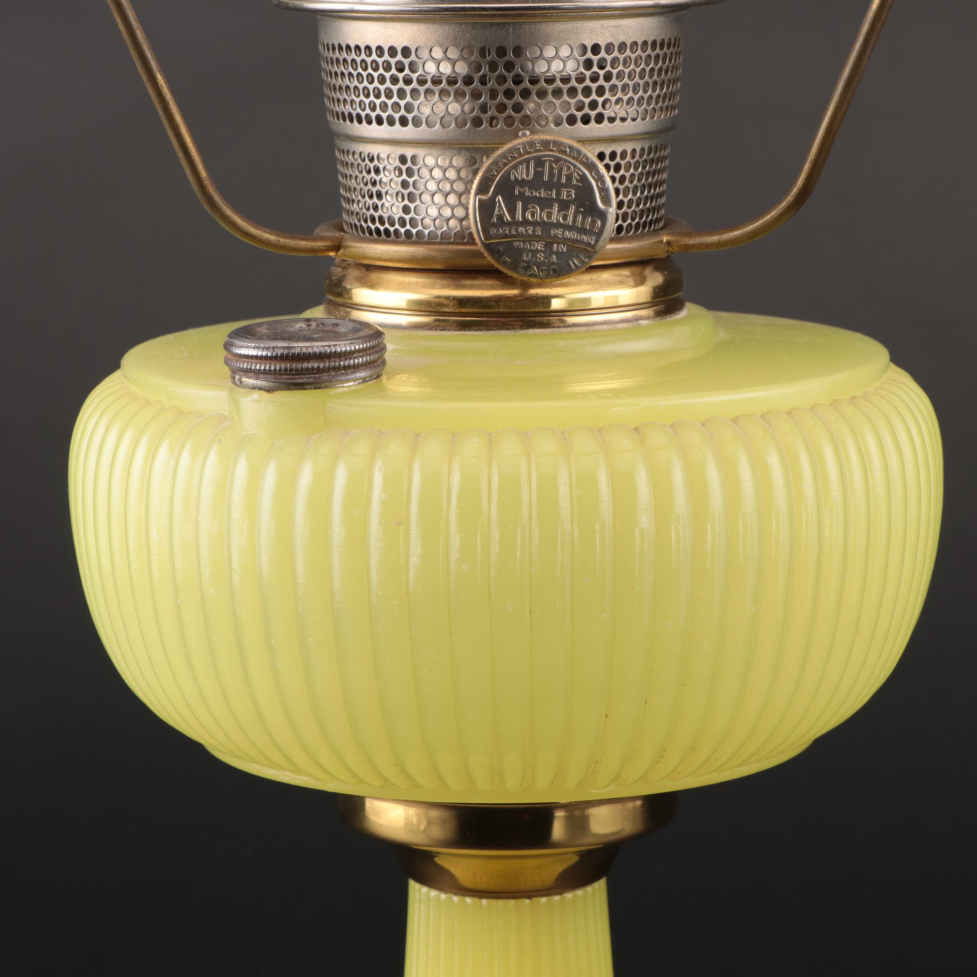 Aladdin Model B Yellow "Vertique" Glass Kerosene Lamp Including Shade ...