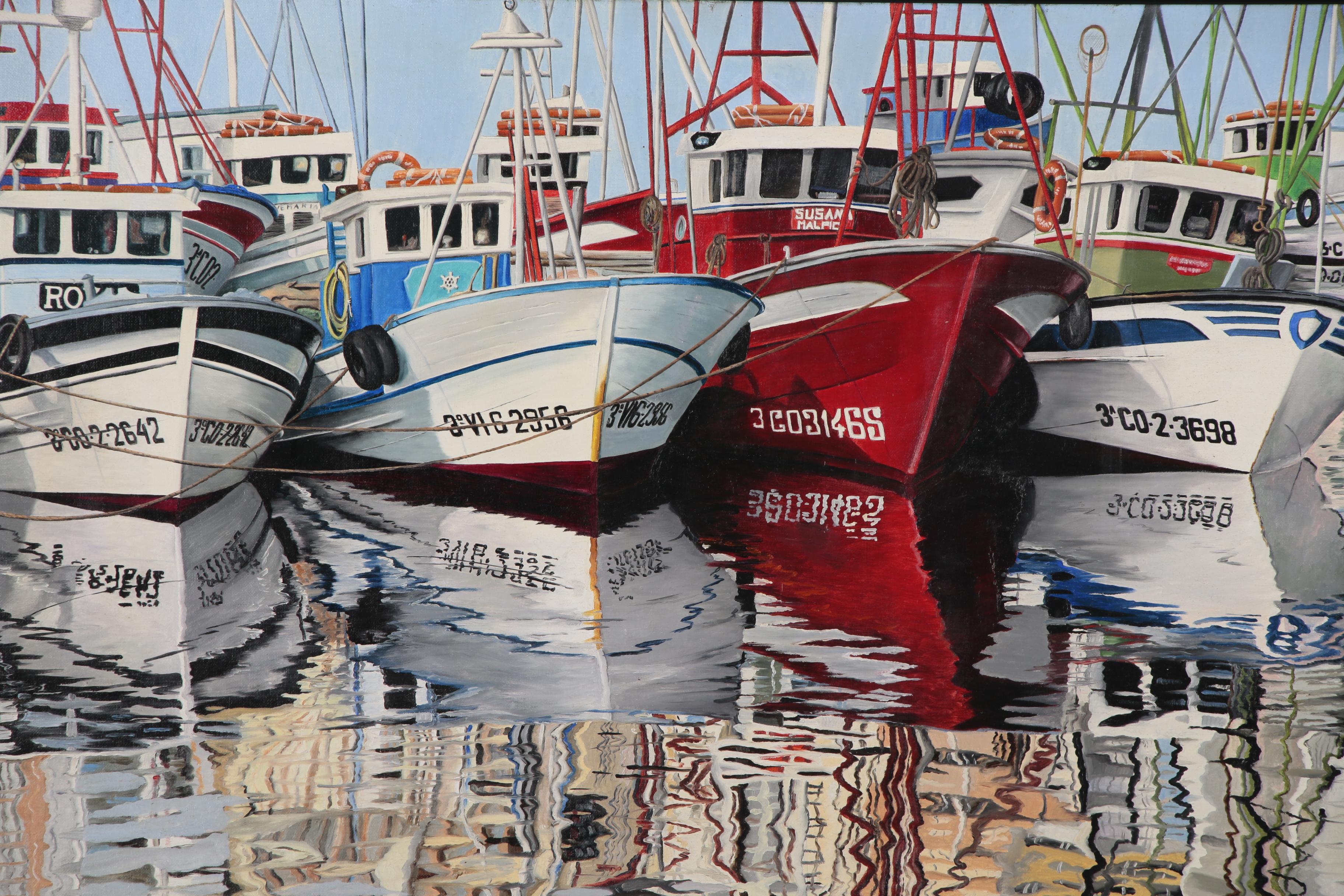 Realist Oil Painting of Fishing Boats in Harbor | EBTH