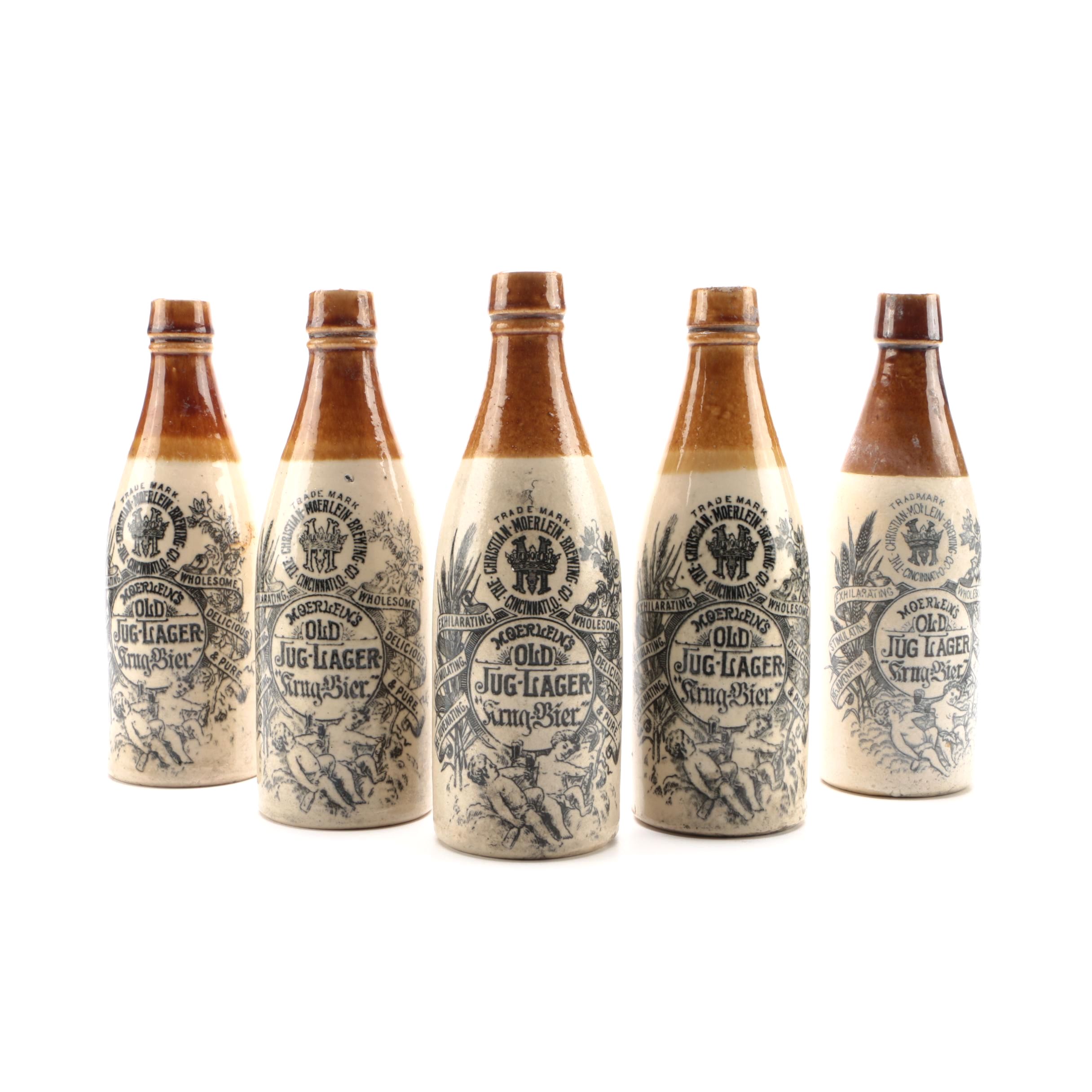 Five Cincinnati Christian Moerlein Stoneware Crock Beer Bottles