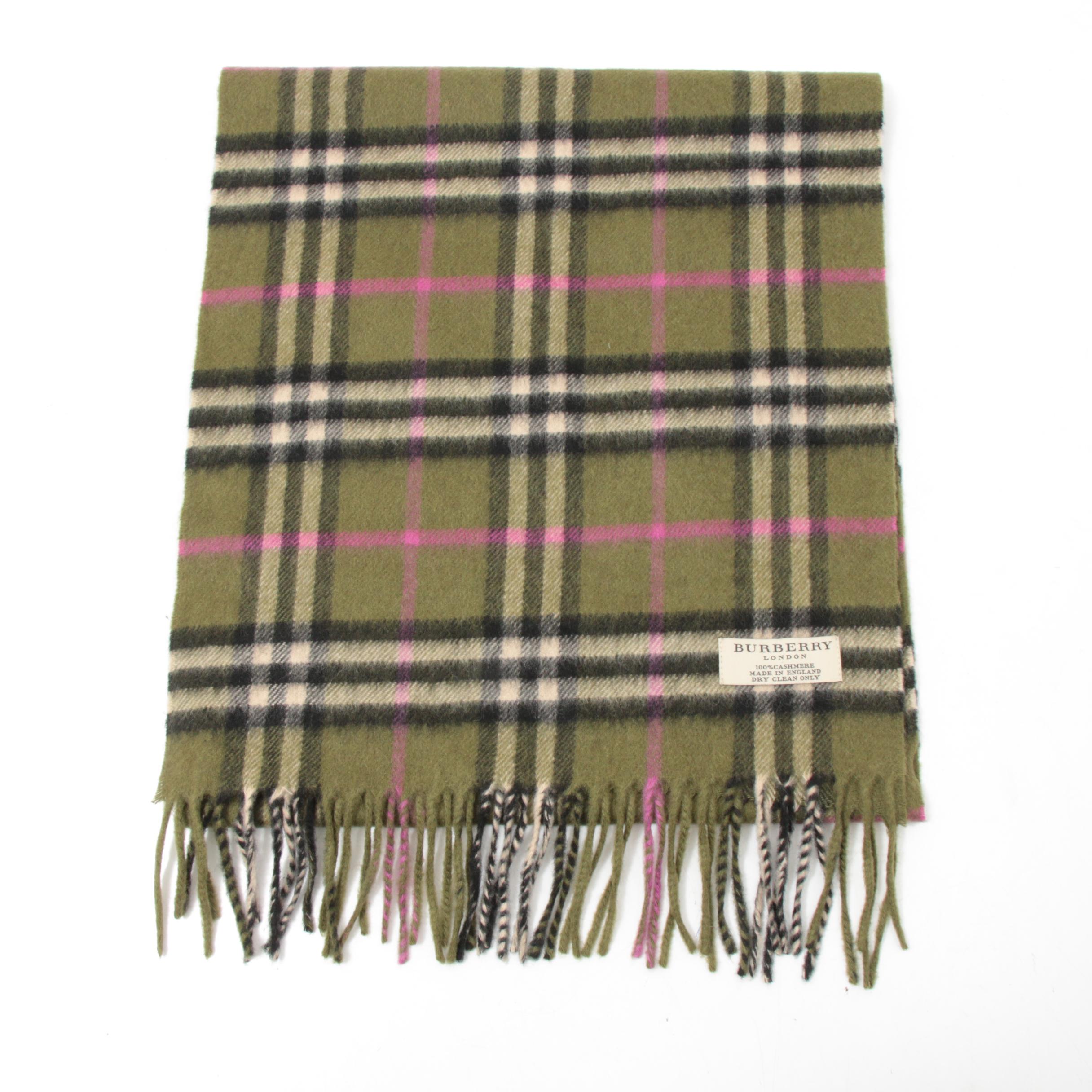 Burberry London Olive Plaid Cashmere Scarf with Fringe EBTH