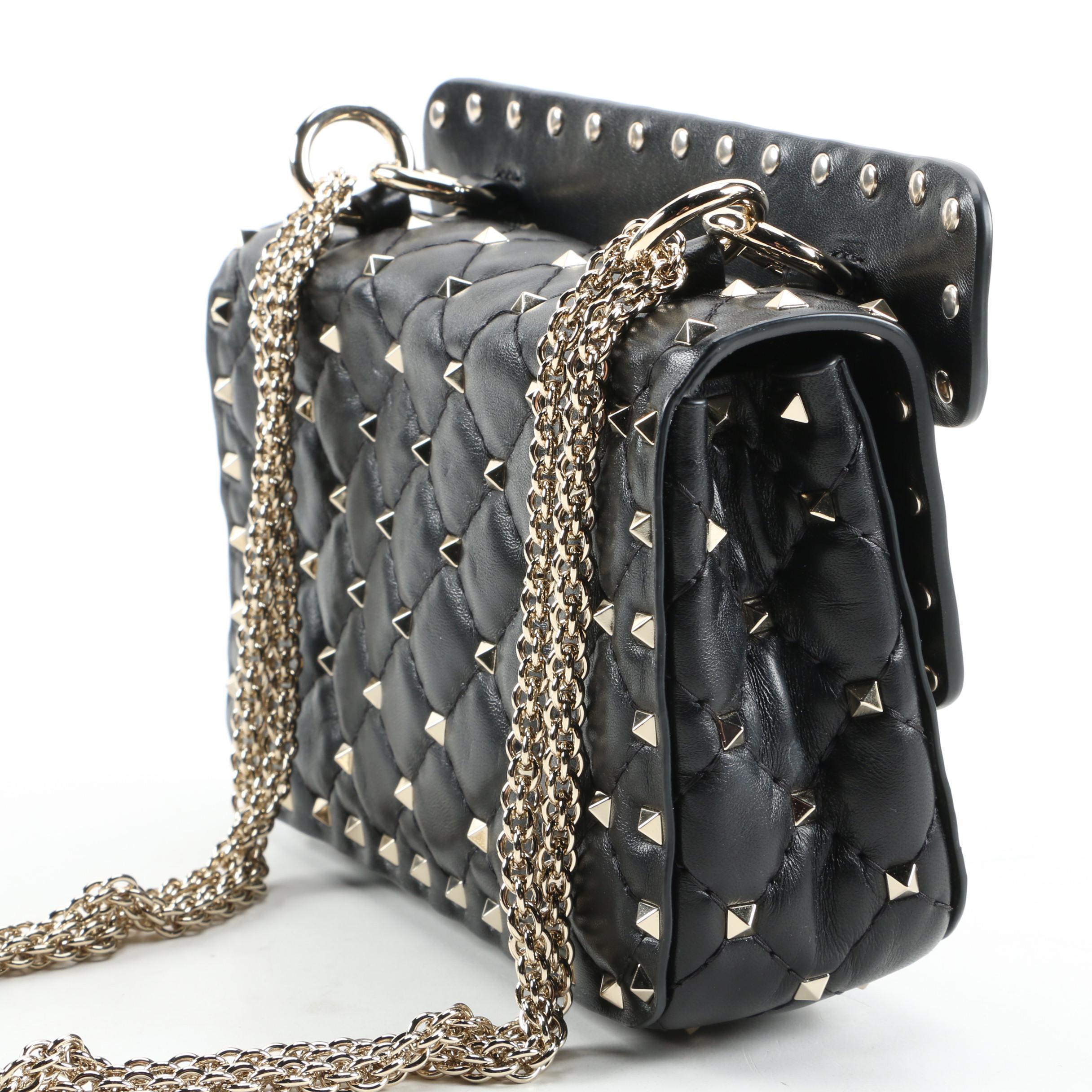 Valentino Rockstud Shoulder Bag in Black Quilted Leather with Chain