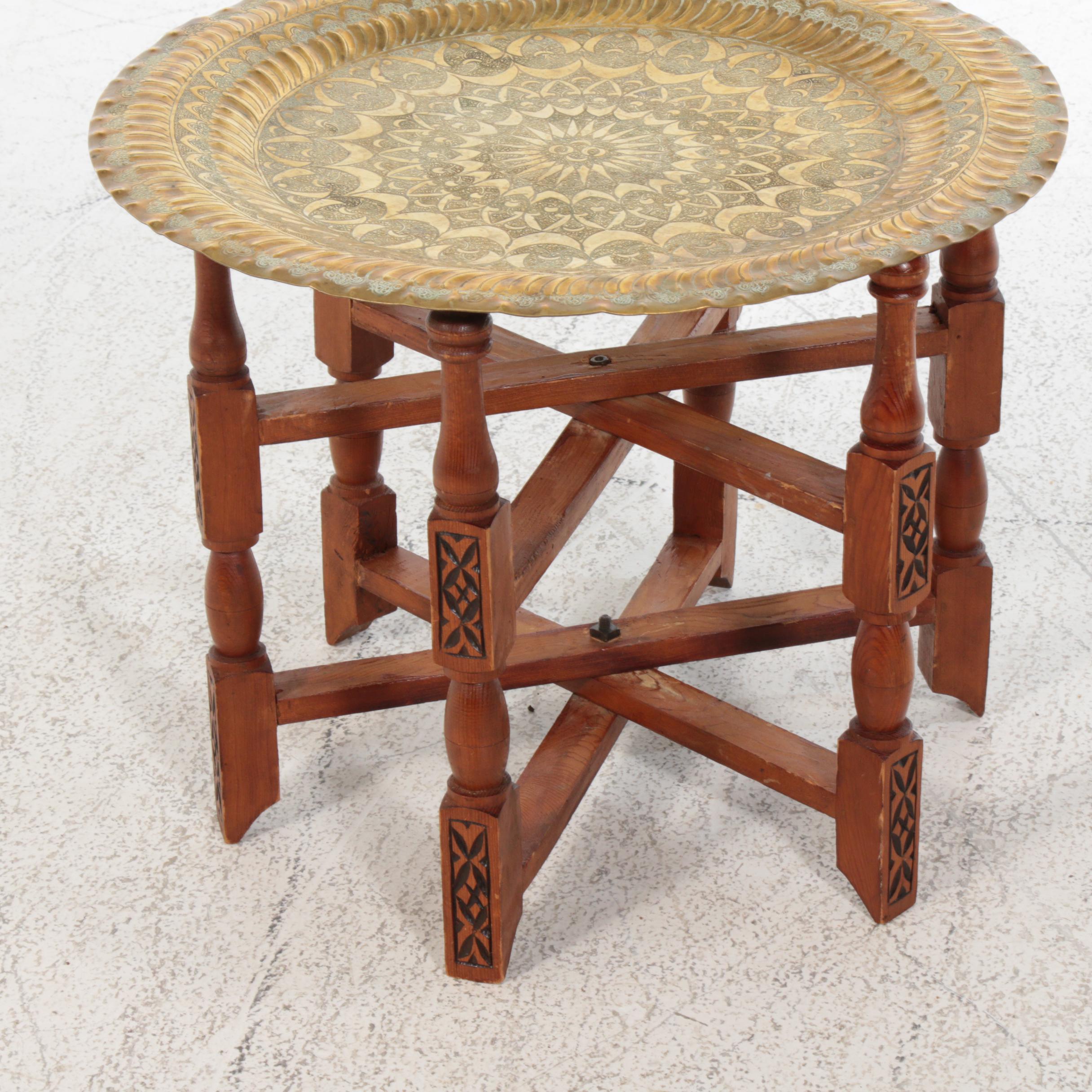 Moroccan Folding Wooden Tea Table with Engraved Brass Tray EBTH