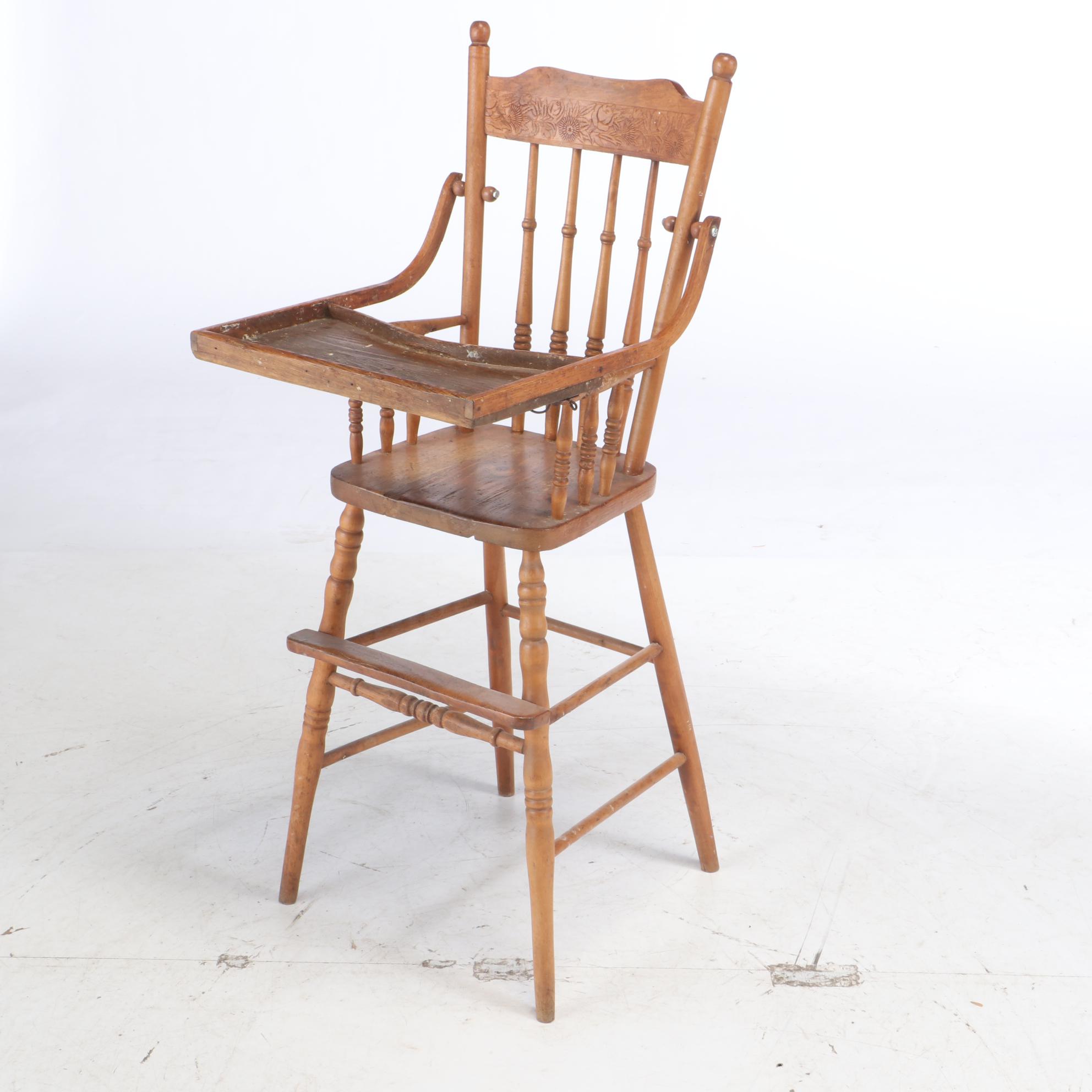 Oak PressedBack High Chair and Painted StepStool, Early to Mid 20th