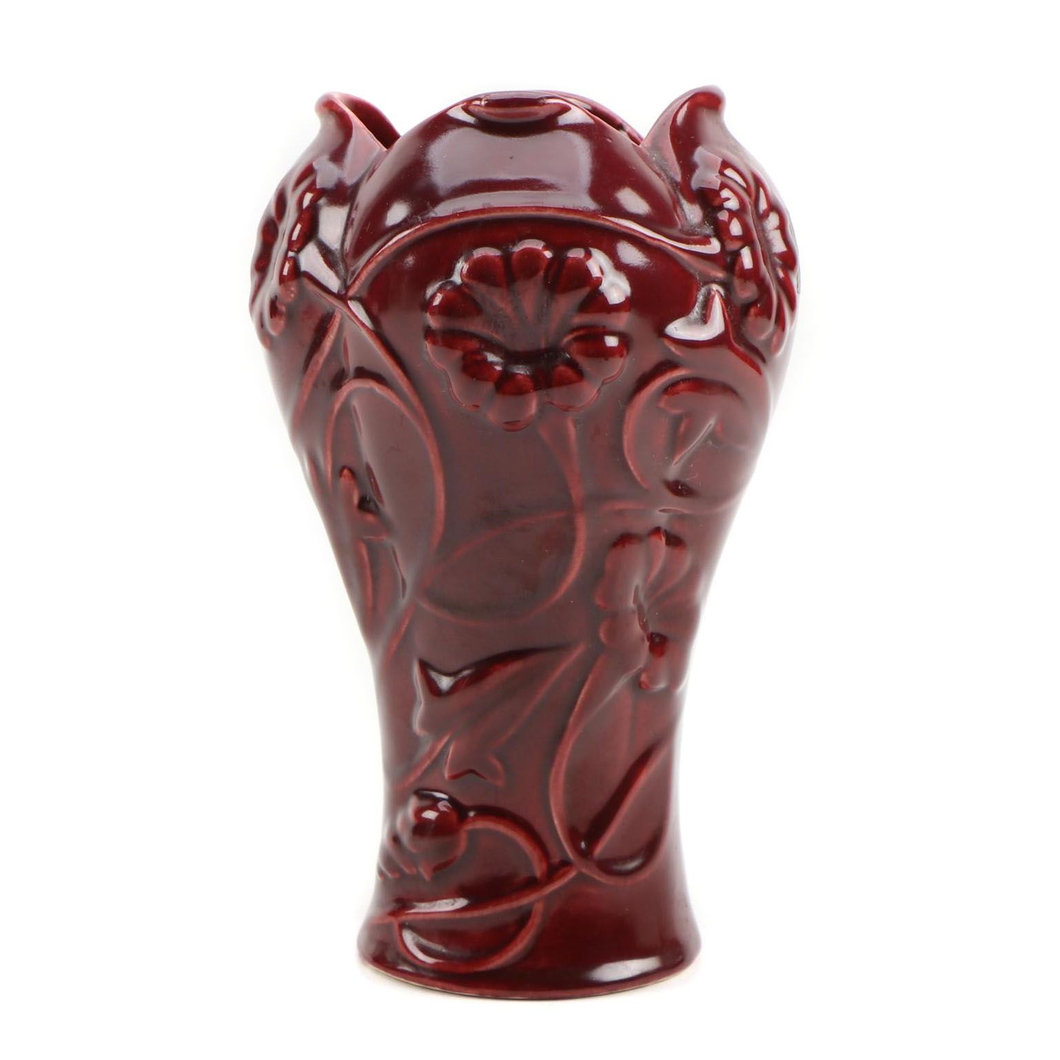 Camark Pottery Sang De Boeuf Glazed Ceramic Floral Motif Vase Ebth