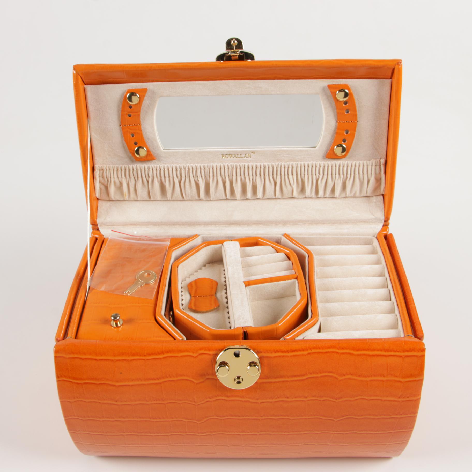 Rowallan Travel Jewelry Case in CrocEmbossed Orange Leather with Box