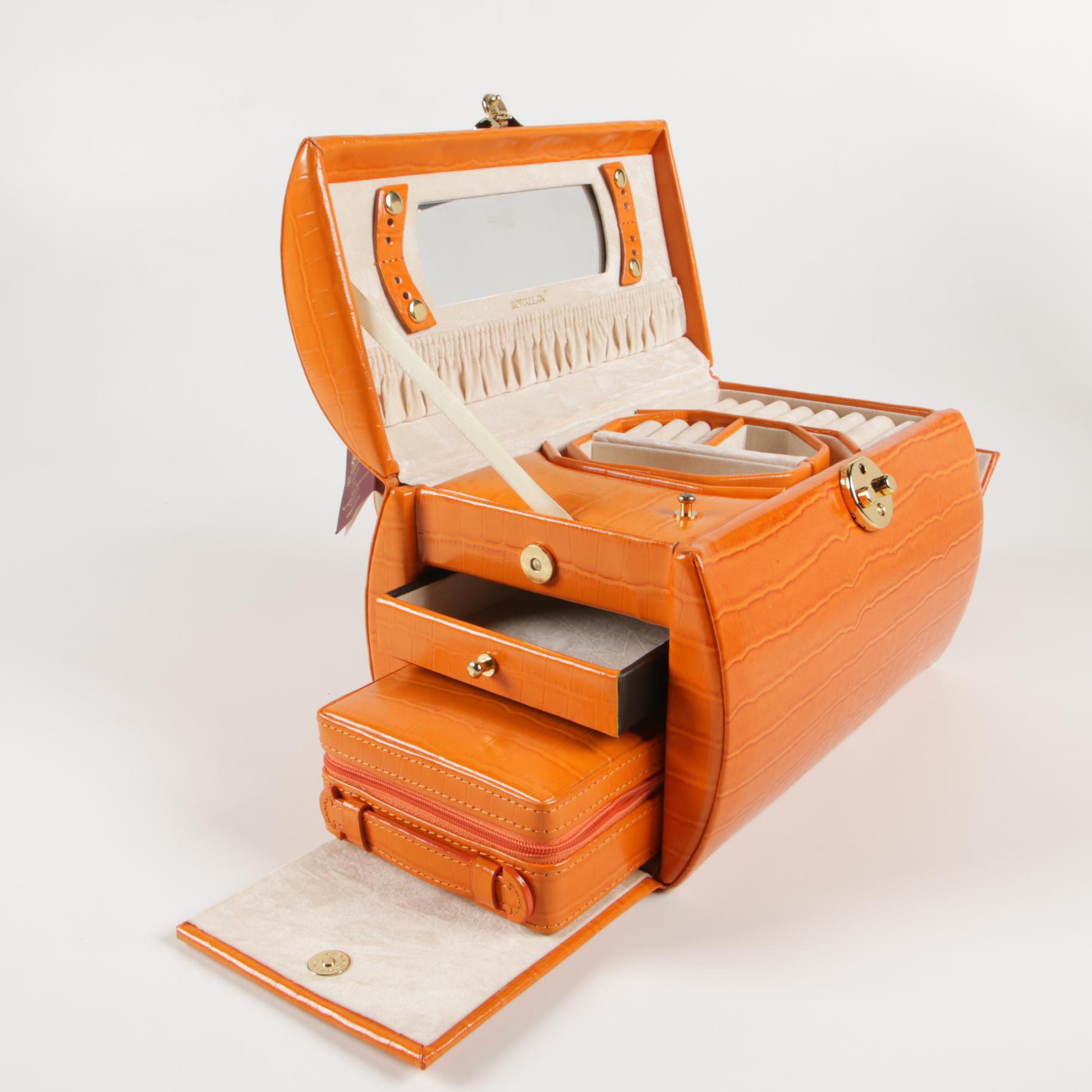 Rowallan Travel Jewelry Case in CrocEmbossed Orange Leather with Box
