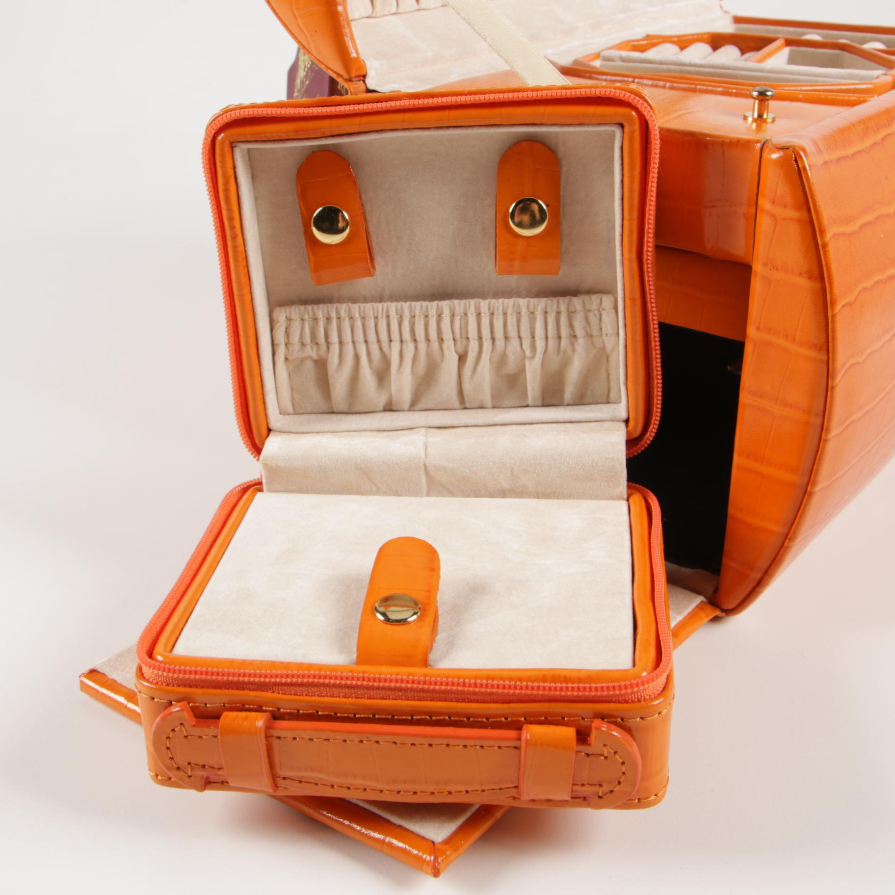 Rowallan Travel Jewelry Case in CrocEmbossed Orange Leather with Box