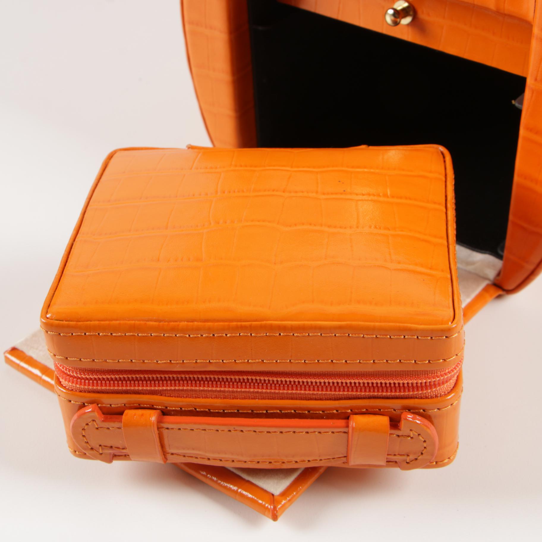 Rowallan Travel Jewelry Case in CrocEmbossed Orange Leather with Box