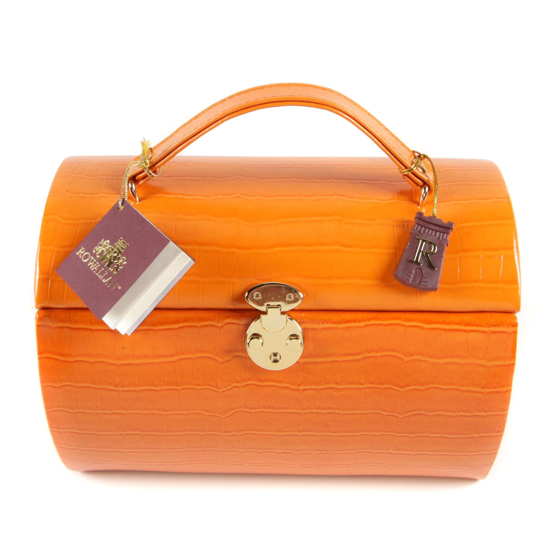 Rowallan Travel Jewelry Case in CrocEmbossed Orange Leather with Box