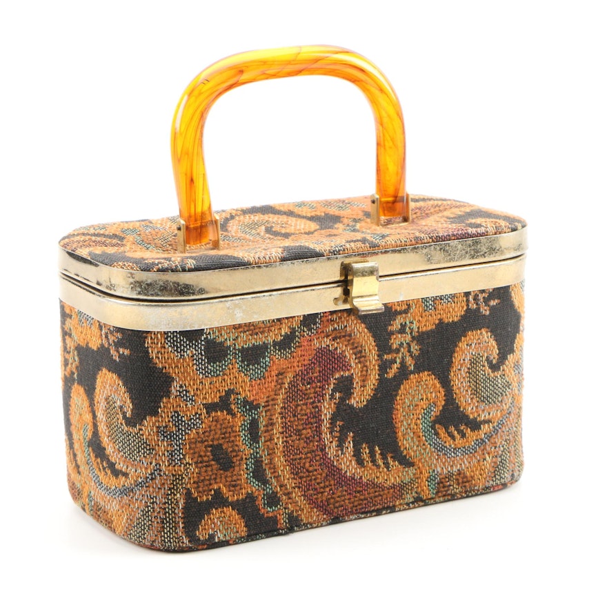 Julius Resnick Tapestry Box Purse with Lucite Handle, 1960s Vintage