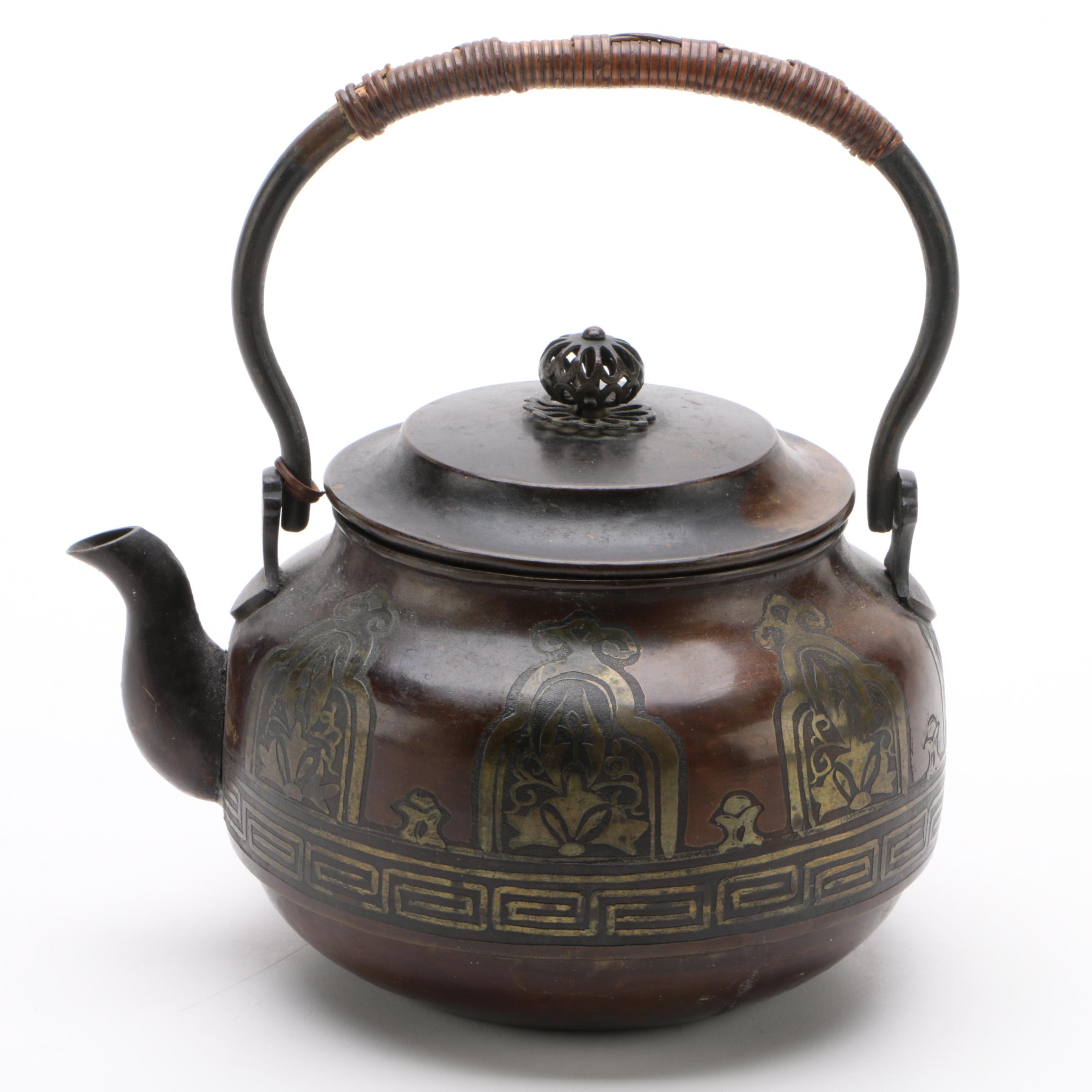 Bronze Tone Teapot With Brass Inlay and Reed Wrapped Handle EBTH