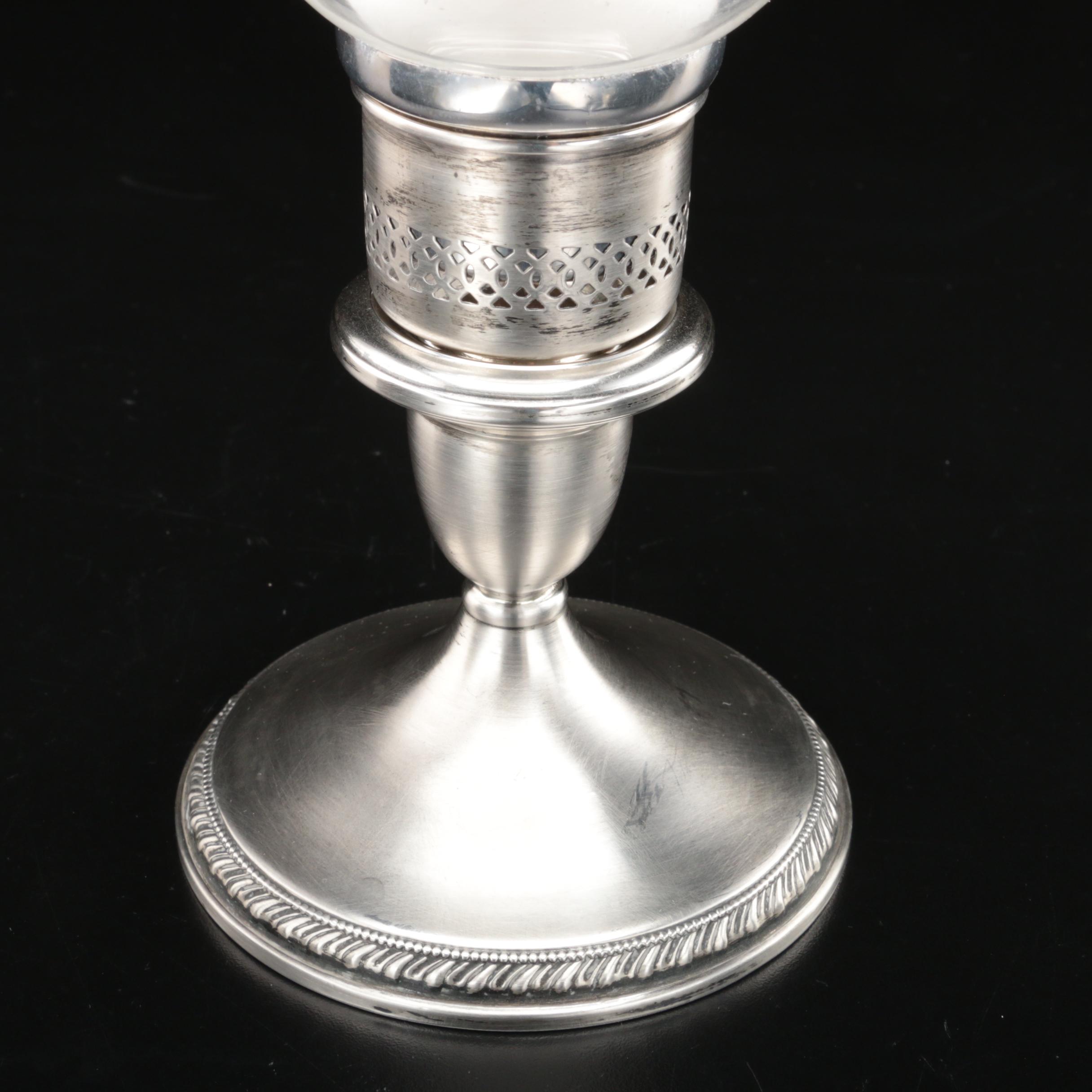 Cartier Brushed Sterling Silver Candlesticks with Etched Glass