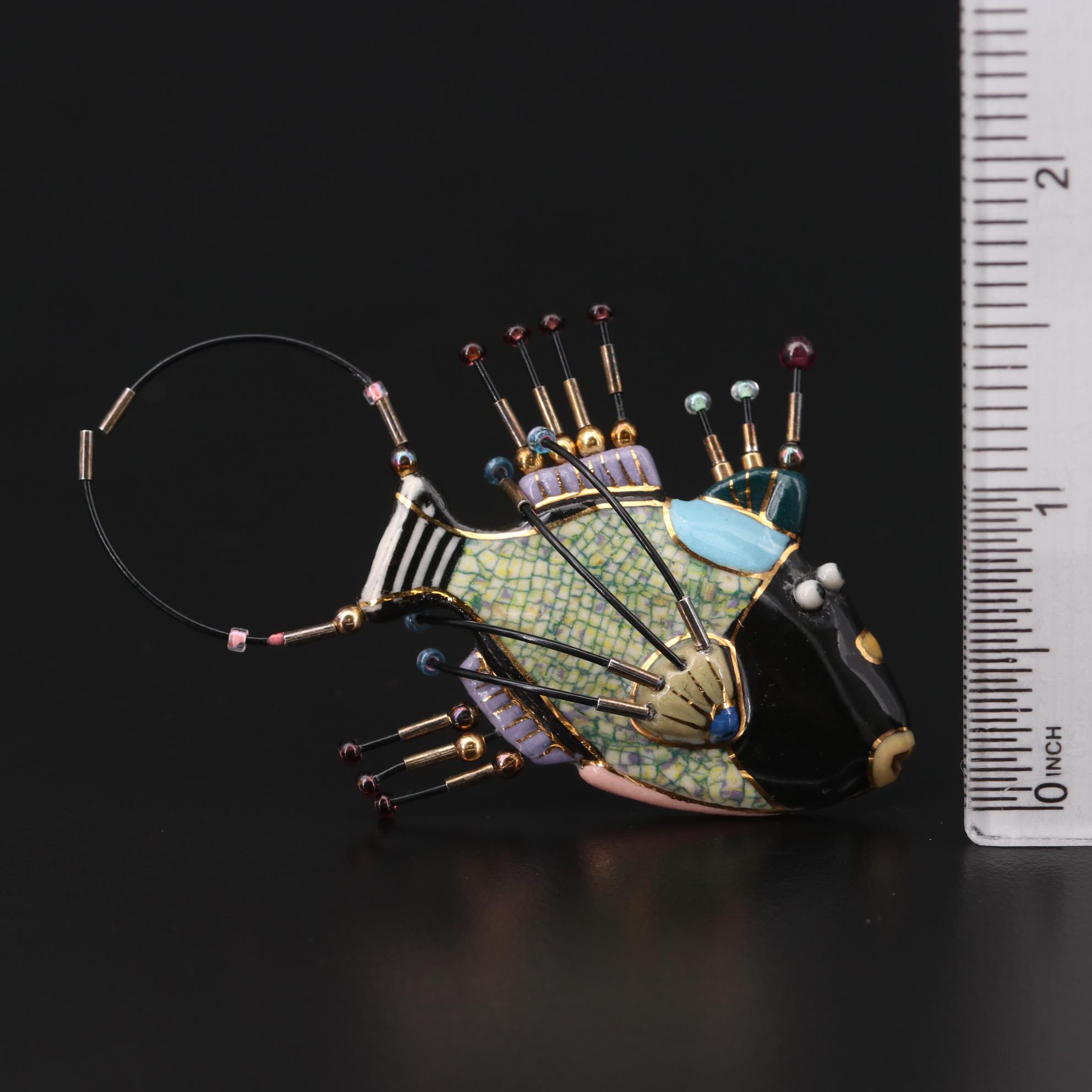 Cynthia Chuang Hand Glazed Porcelain, Rhodolite and Glass Fish Motif 