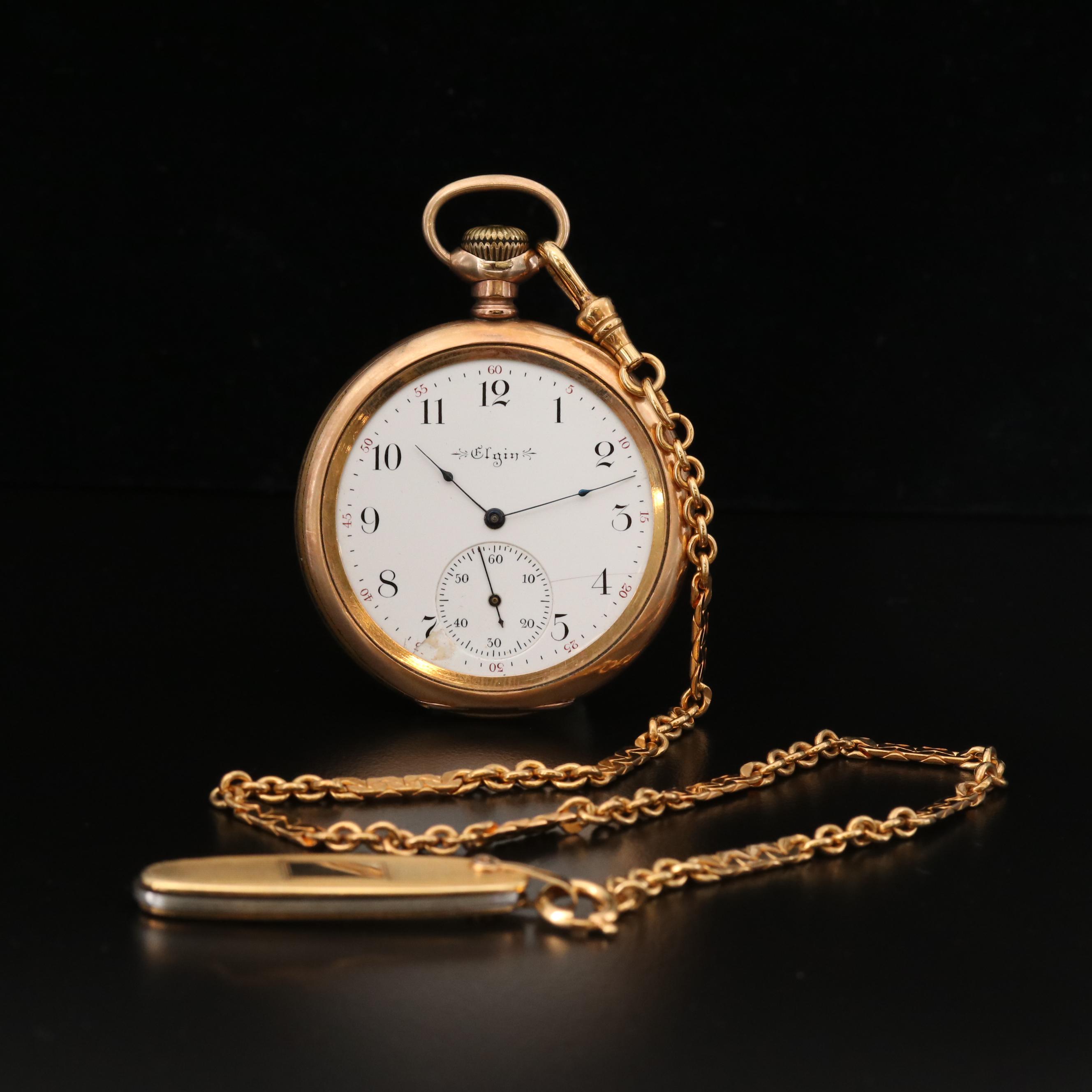 Antique Elgin Gold Filled Open Face Pocket Watch with Knife Fob, 1901
