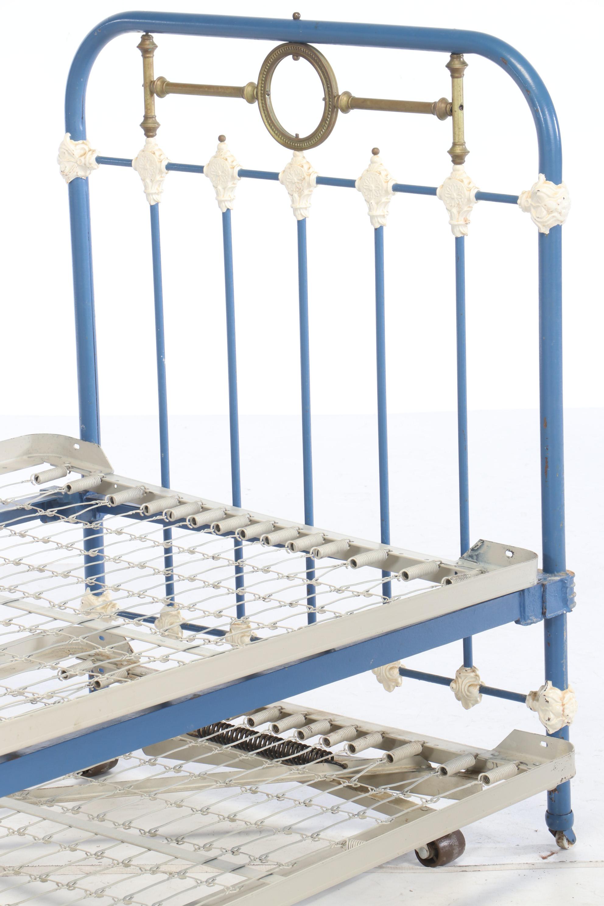 Antique Painted Cast Iron and Brass Twin Bed Frame with Trundle EBTH