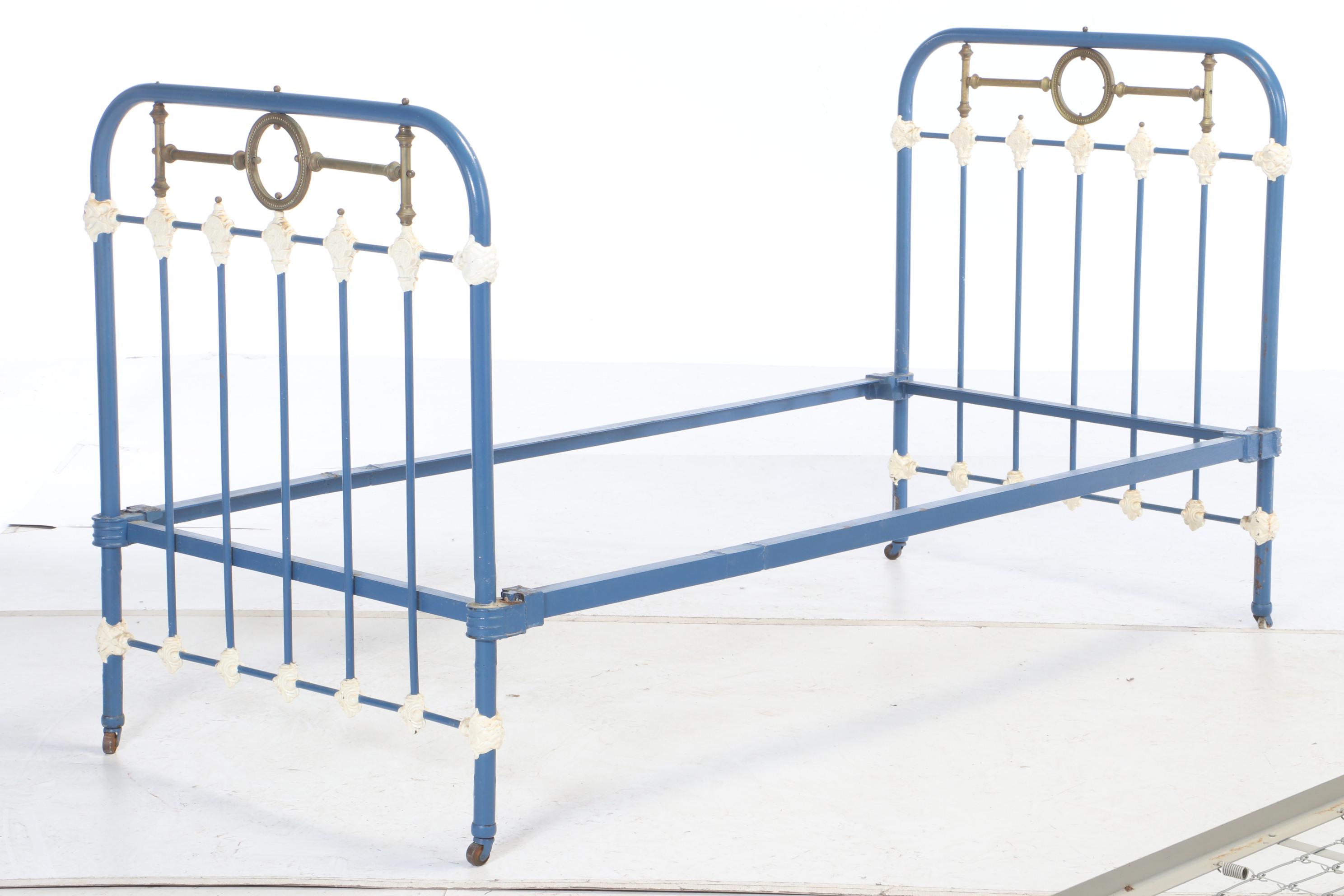 Antique Painted Cast Iron and Brass Twin Bed Frame with Trundle EBTH