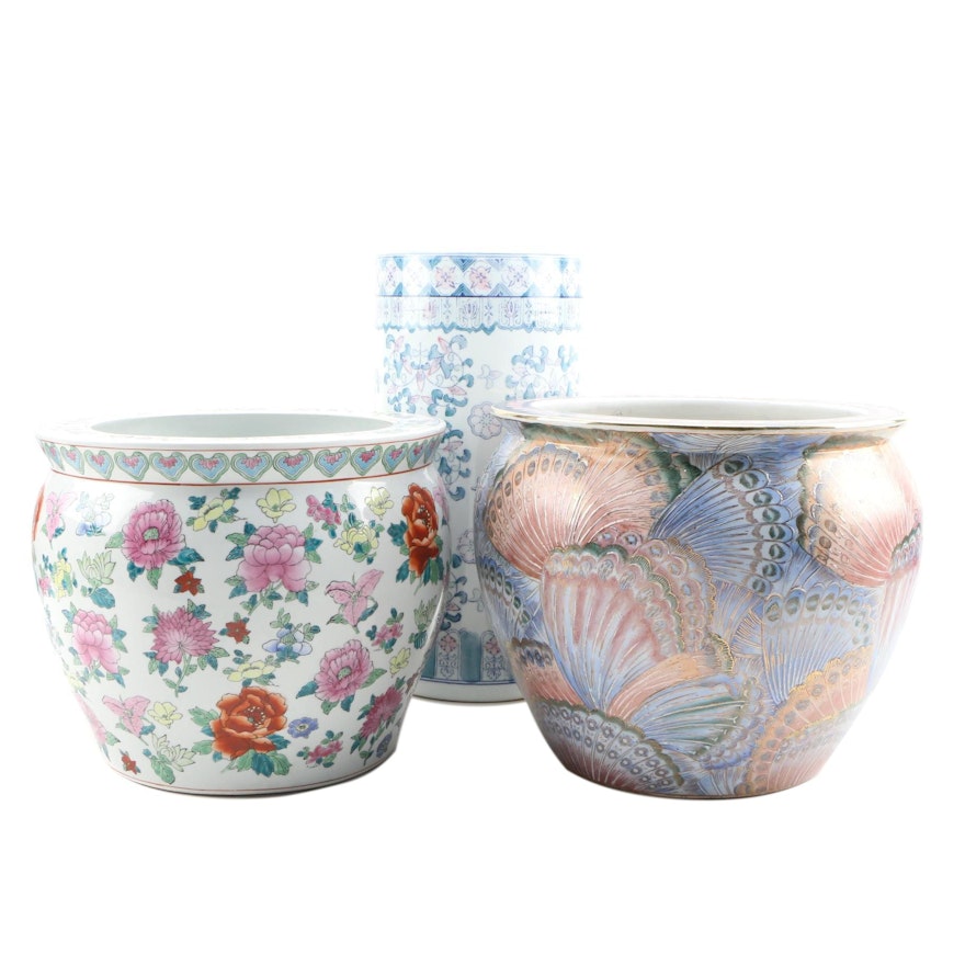 Chinese Hand Painted Fish Bowl Planters And Vase Ebth