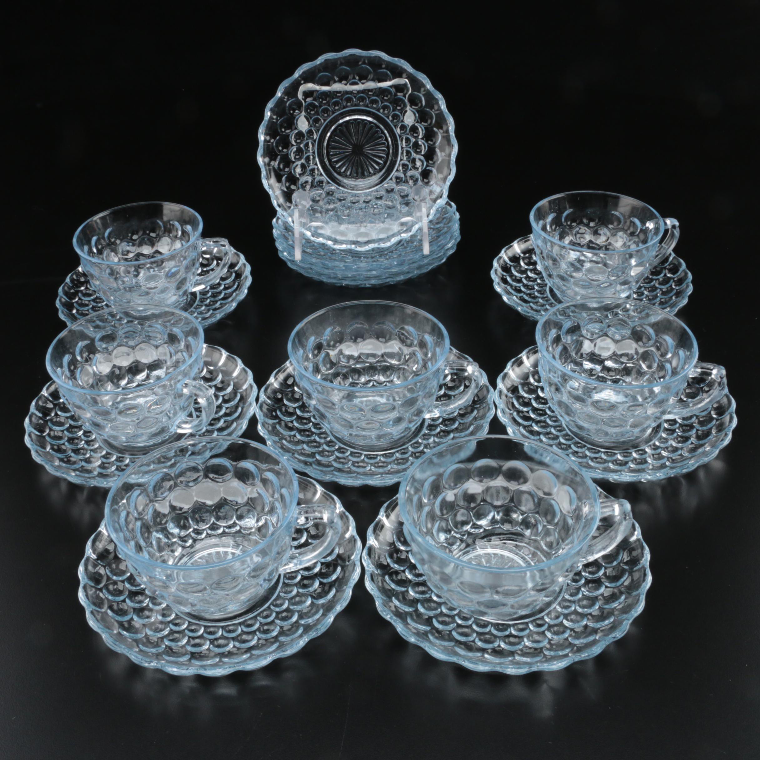 Anchor Hocking "Bubble" Pale Blue Pressed Glass Cups and Saucers, 1940