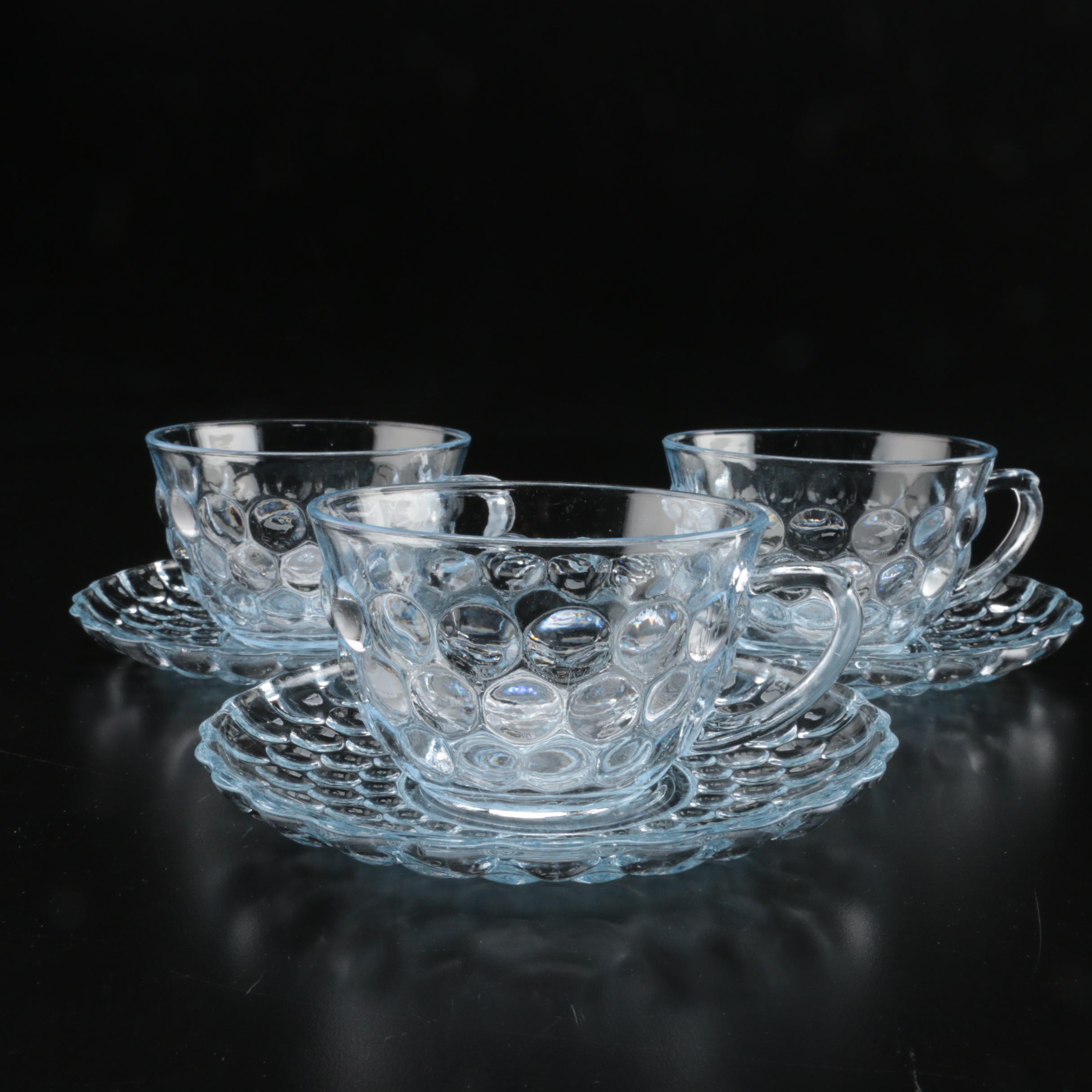 Anchor Hocking "Bubble" Pale Blue Pressed Glass Cups and Saucers, 1940