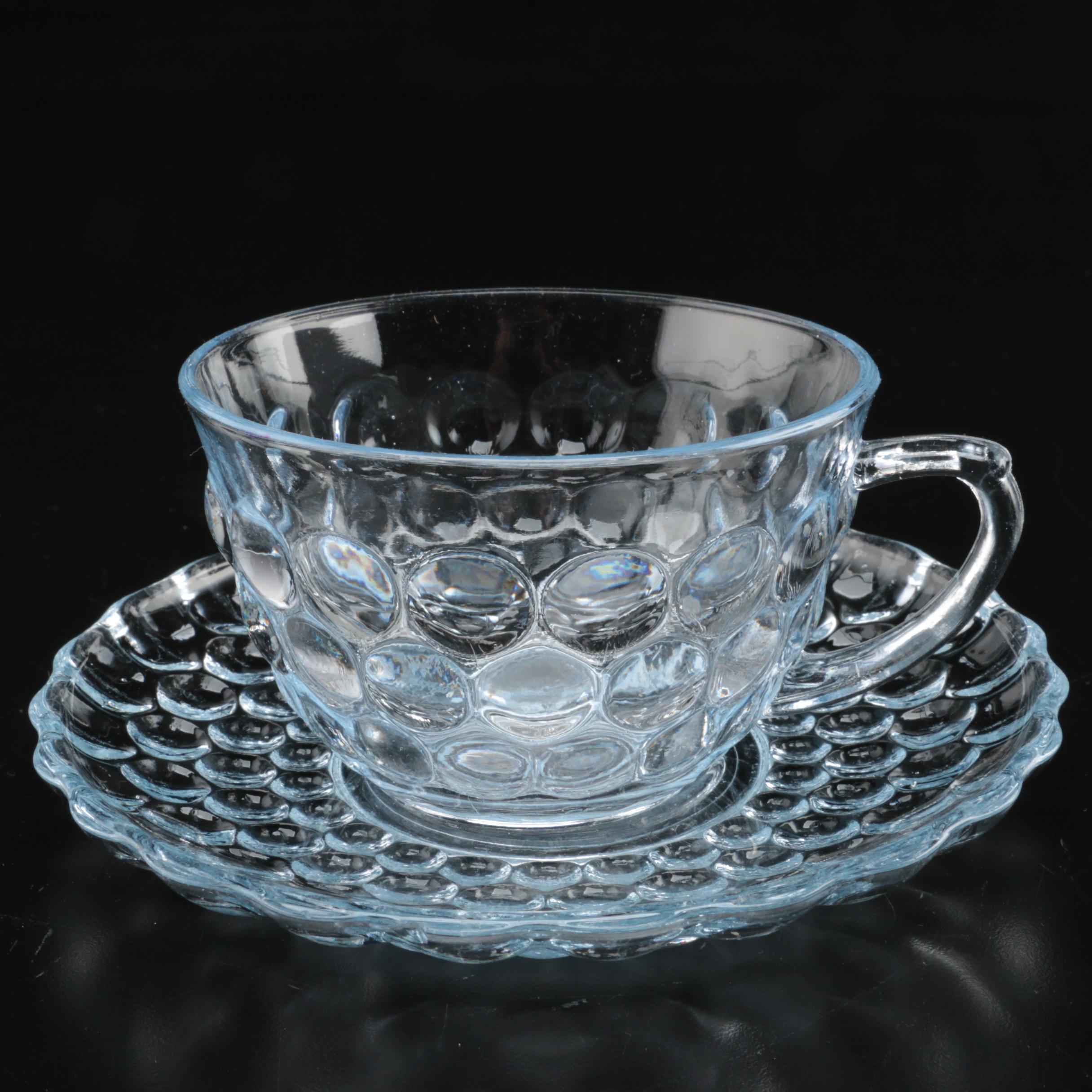 Anchor Hocking "Bubble" Pale Blue Pressed Glass Cups and Saucers, 1940