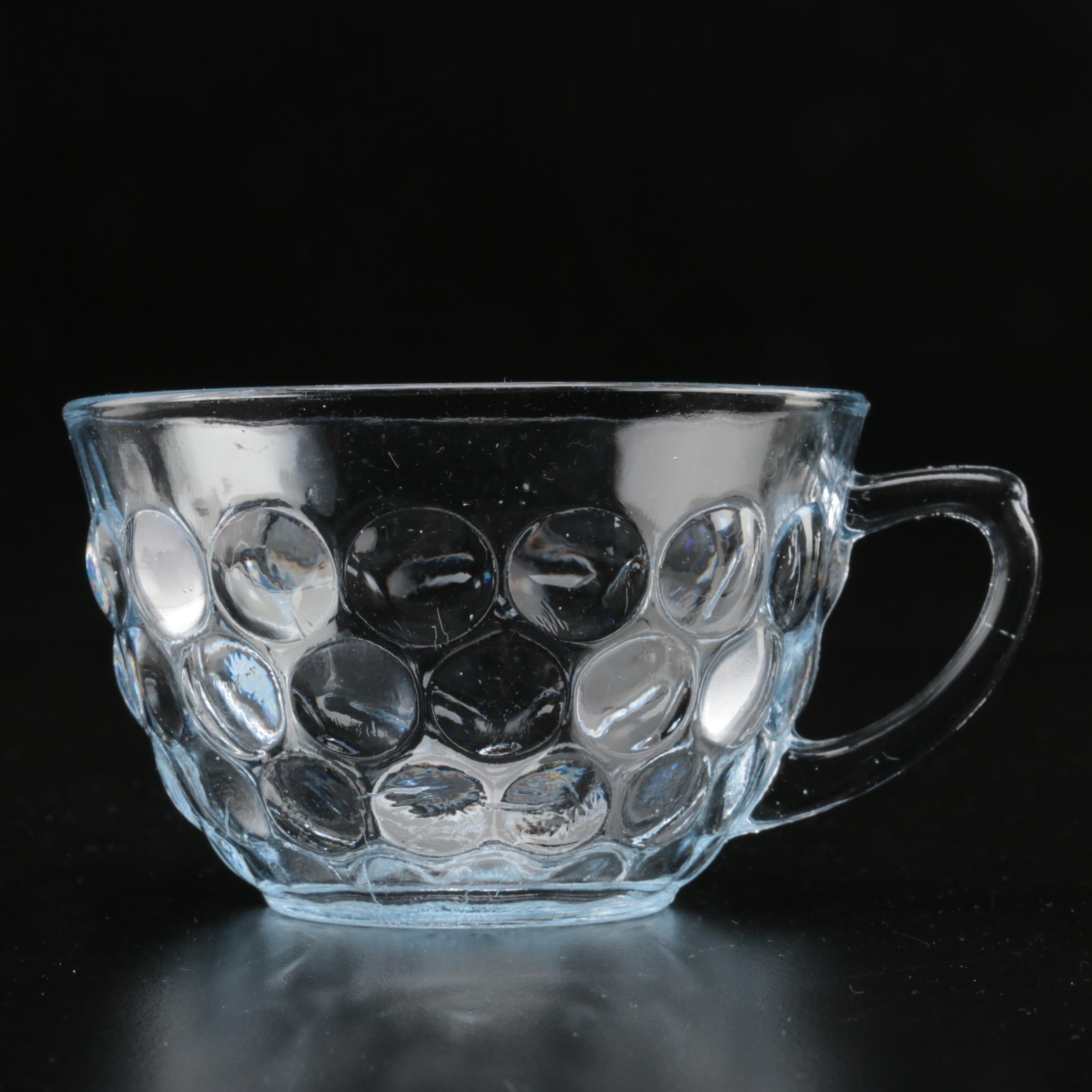 Anchor Hocking "Bubble" Pale Blue Pressed Glass Cups and Saucers, 1940