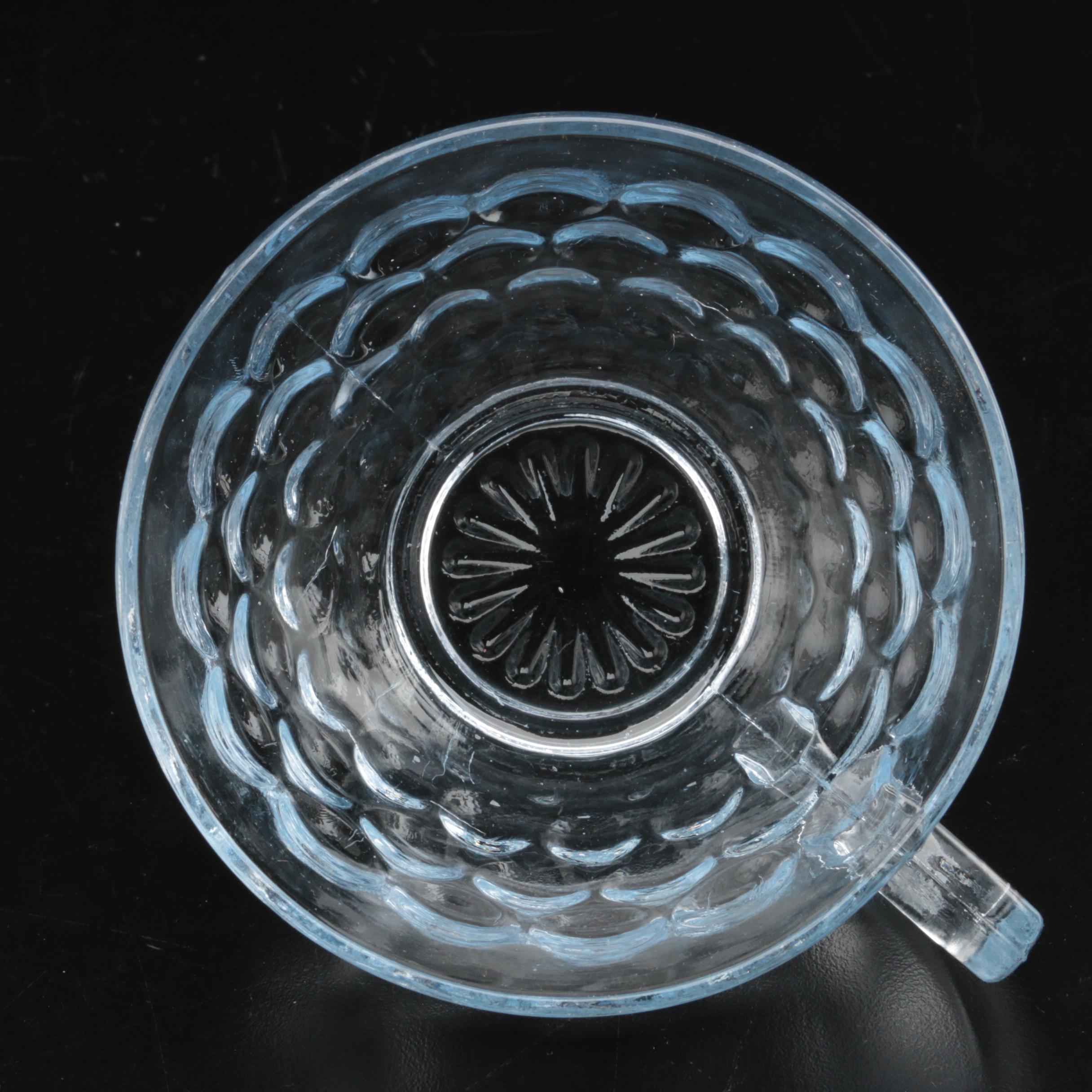 Anchor Hocking "Bubble" Pale Blue Pressed Glass Cups and Saucers, 1940