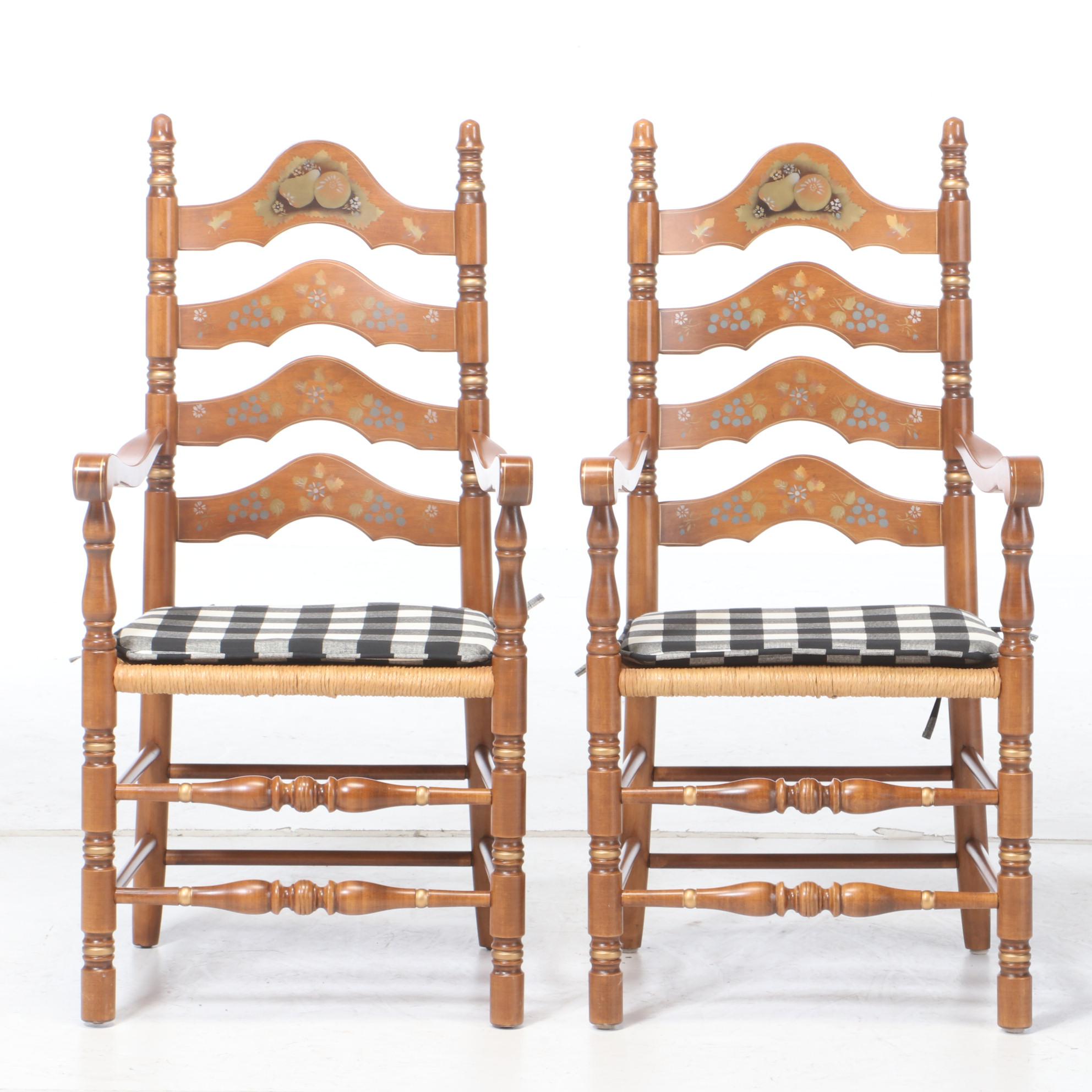 Hitchcock Stye Stenciled Rush Seat Arm Chairs with Fitted Seat Cushions