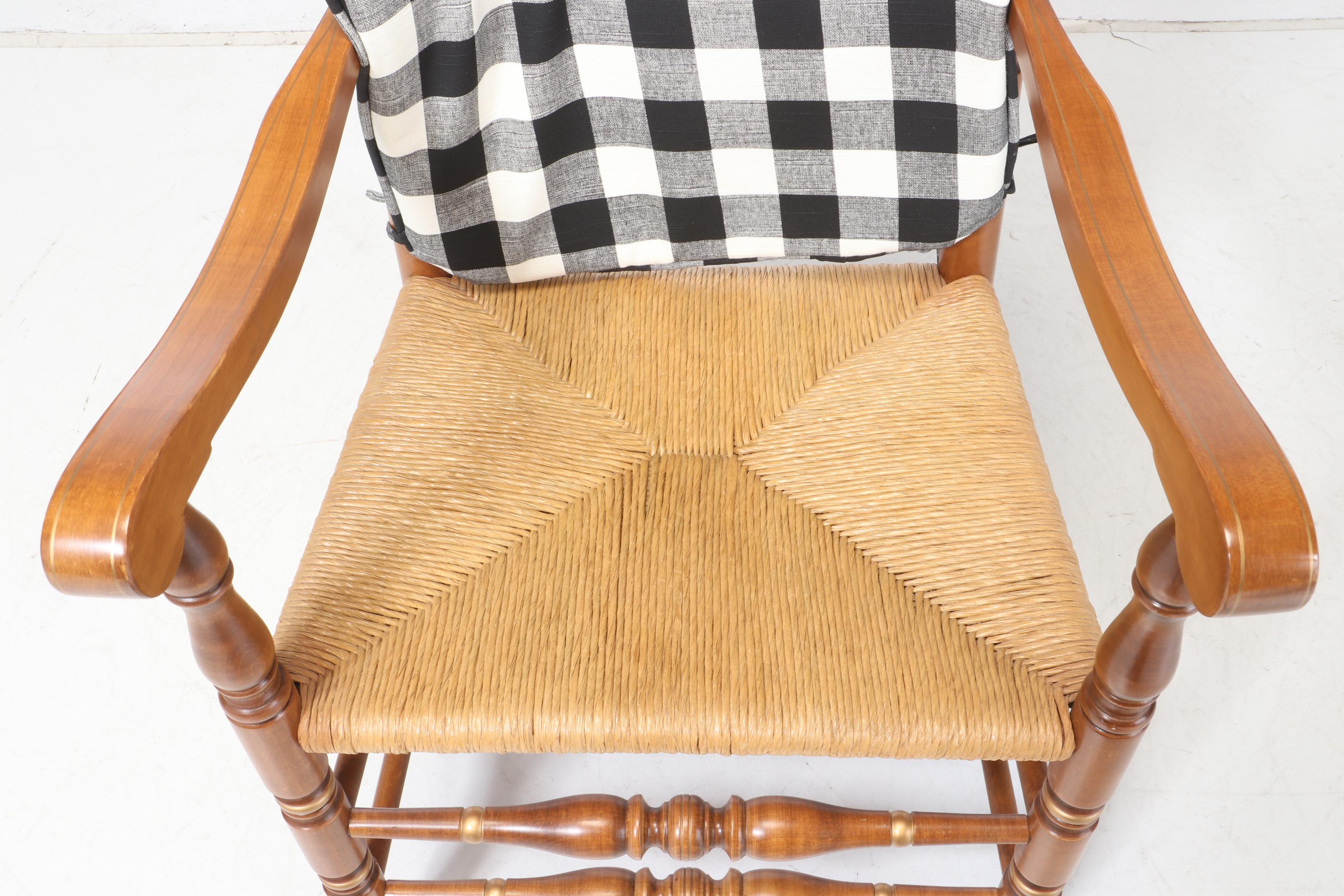 Hitchcock Stye Stenciled Rush Seat Arm Chairs with Fitted Seat Cushions