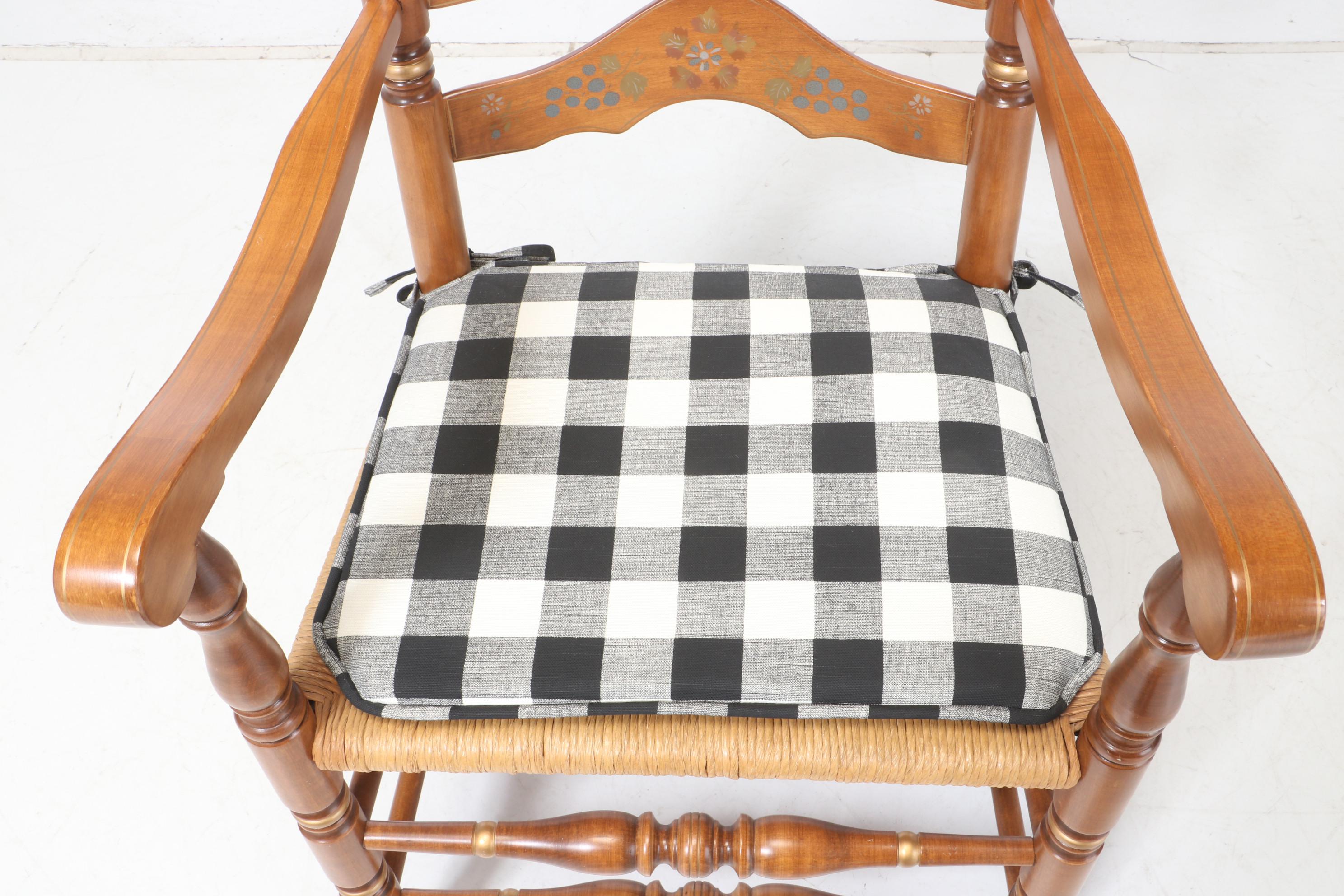 Hitchcock Stye Stenciled Rush Seat Arm Chairs with Fitted Seat Cushions