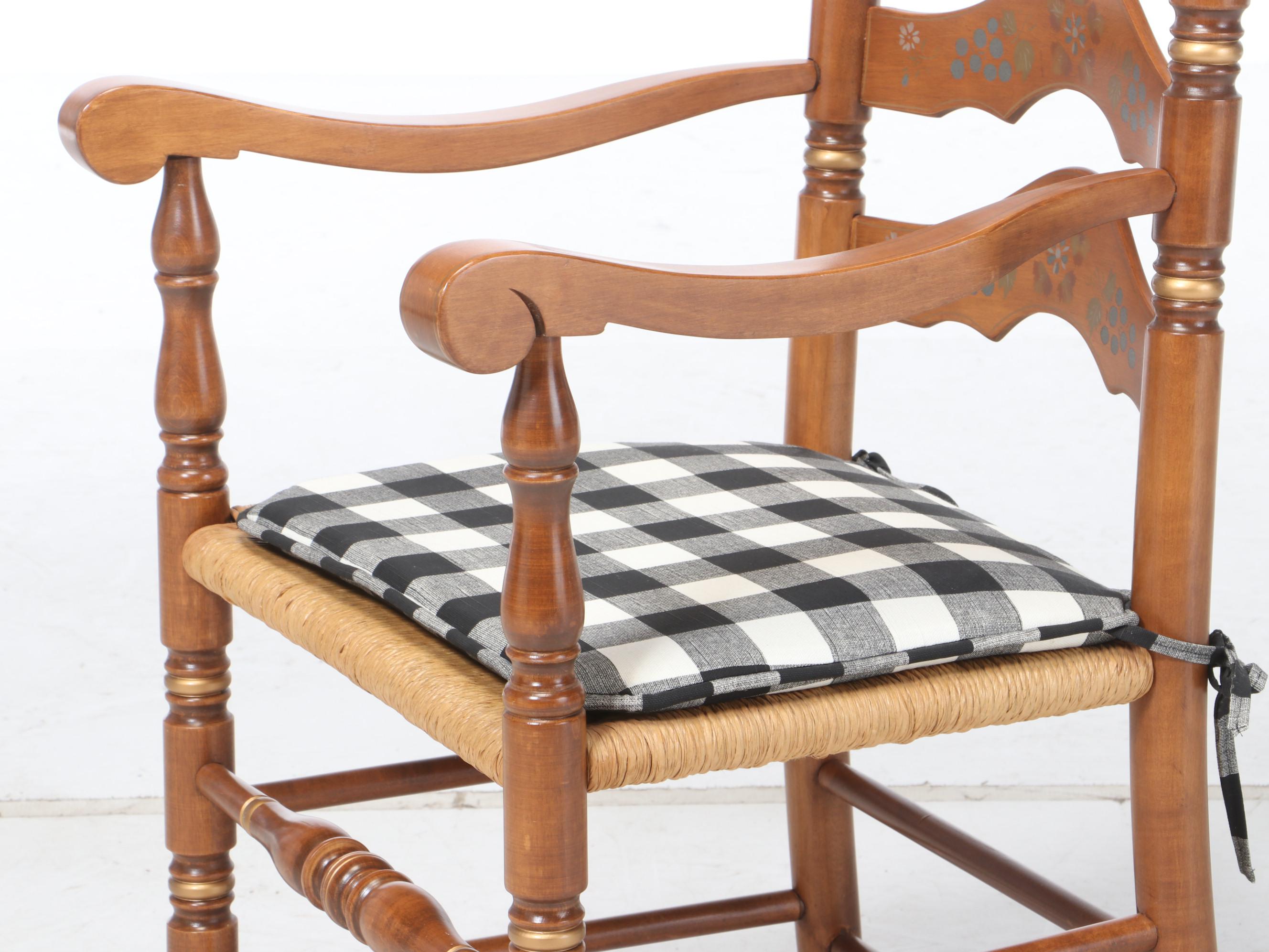 Hitchcock Stye Stenciled Rush Seat Arm Chairs with Fitted Seat Cushions