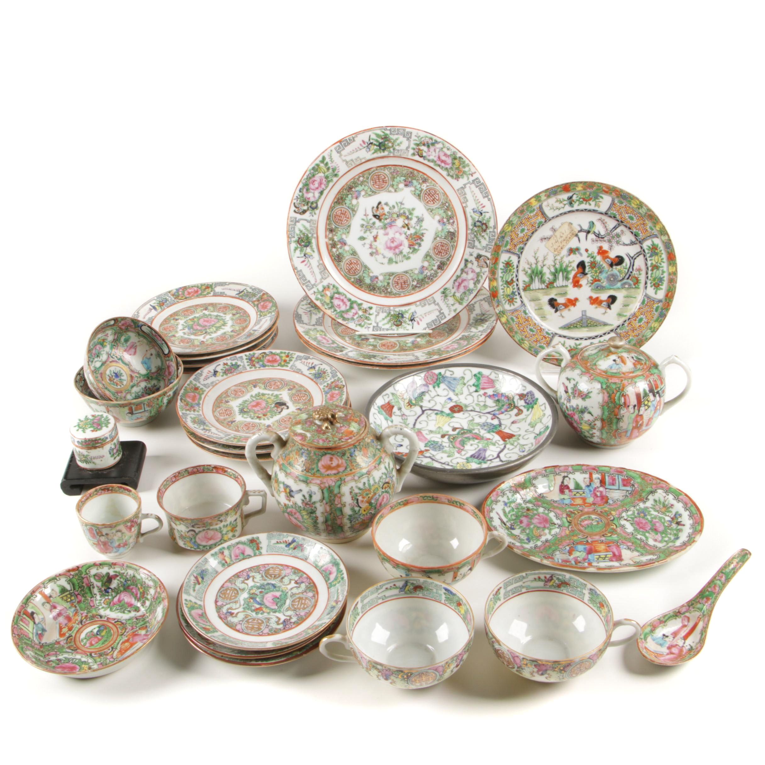 Chinese Rose Medallion Tableware With Rooster Plate Ebth