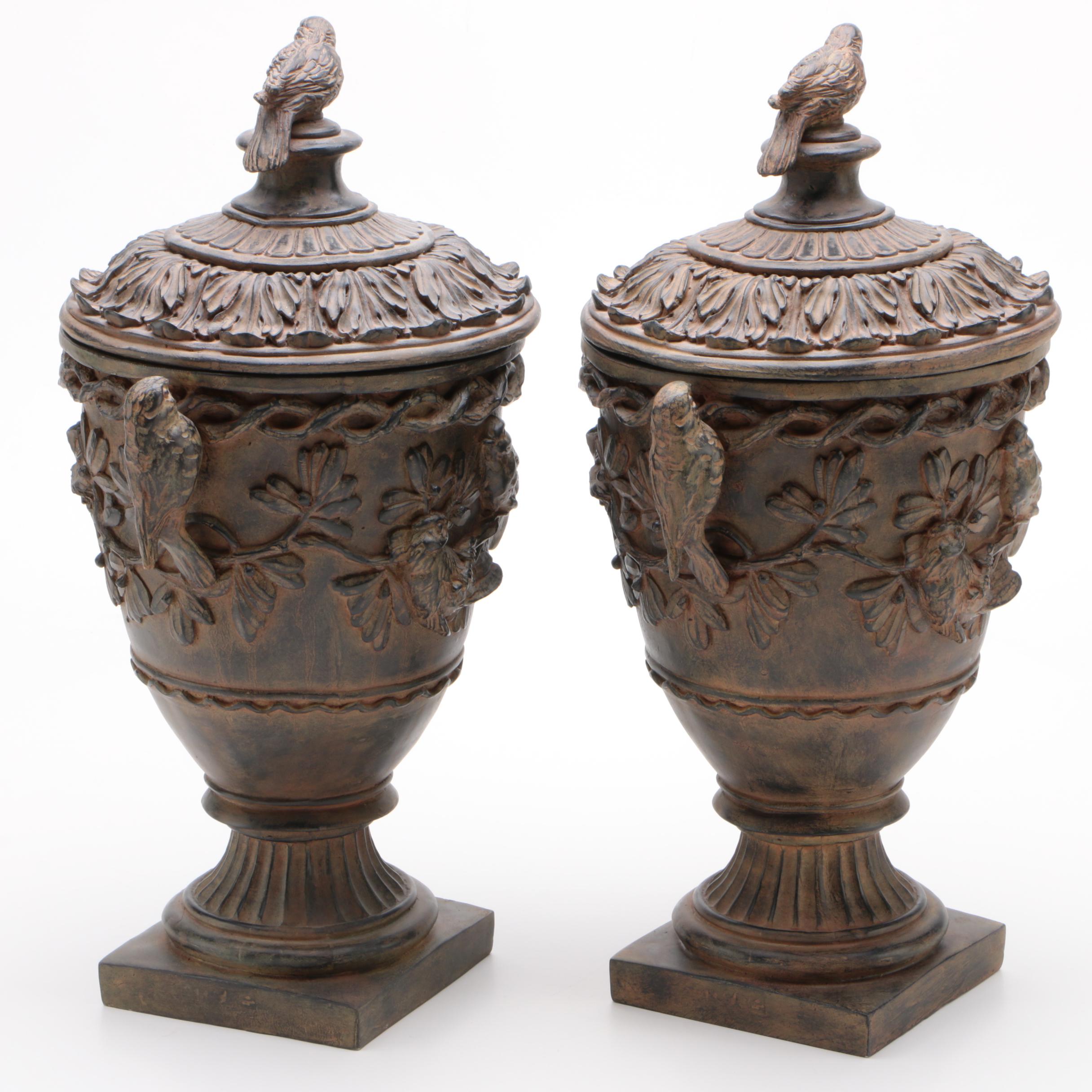 Decorative Home or Garden Fowl Embellished Pedestal Urns with Lids EBTH