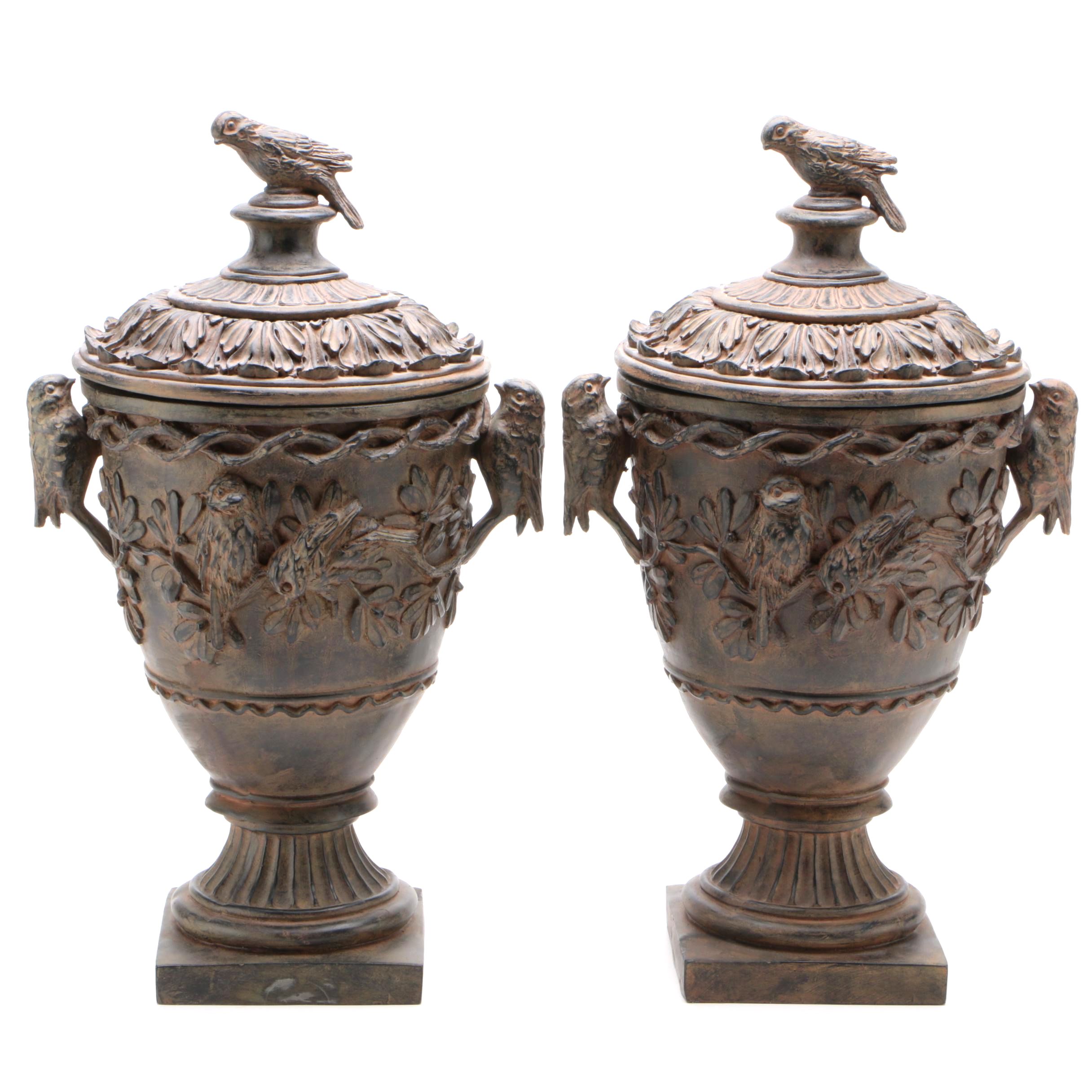 Decorative Home or Garden Fowl Embellished Pedestal Urns with Lids EBTH