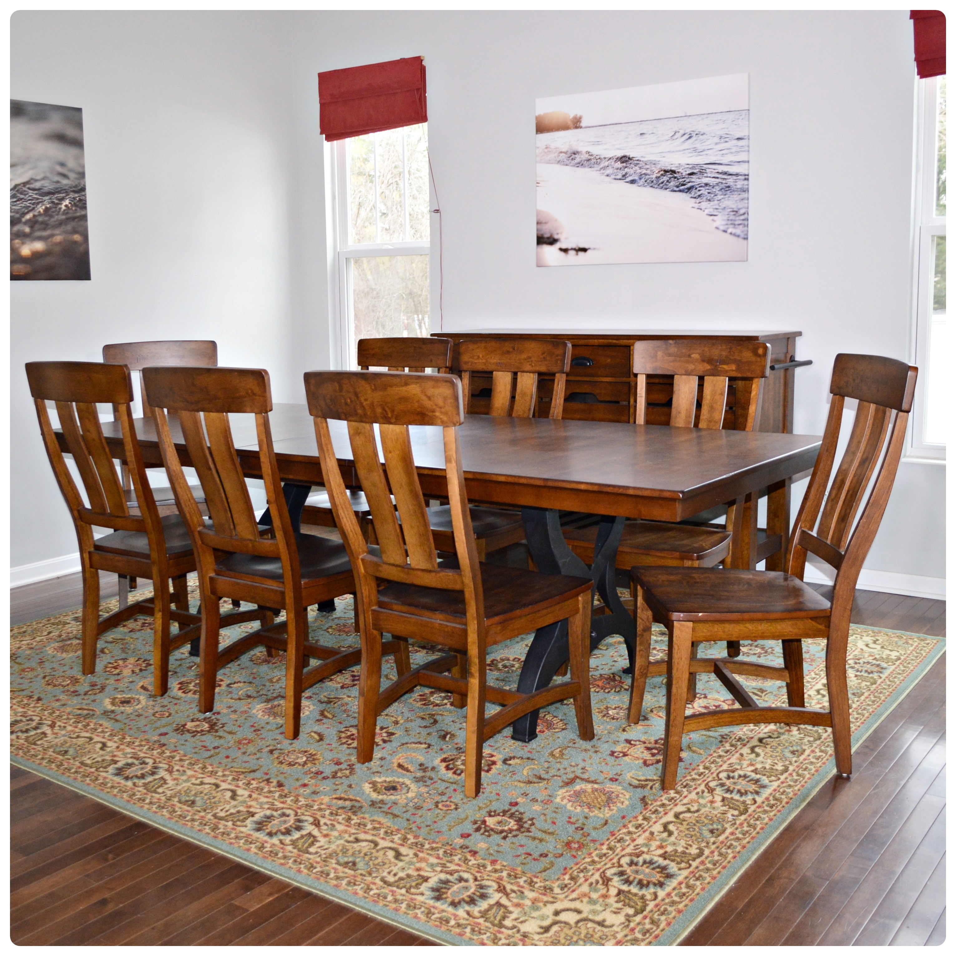 Great Veca Walnut Stained Distressed Wood and Metal Dining Table and