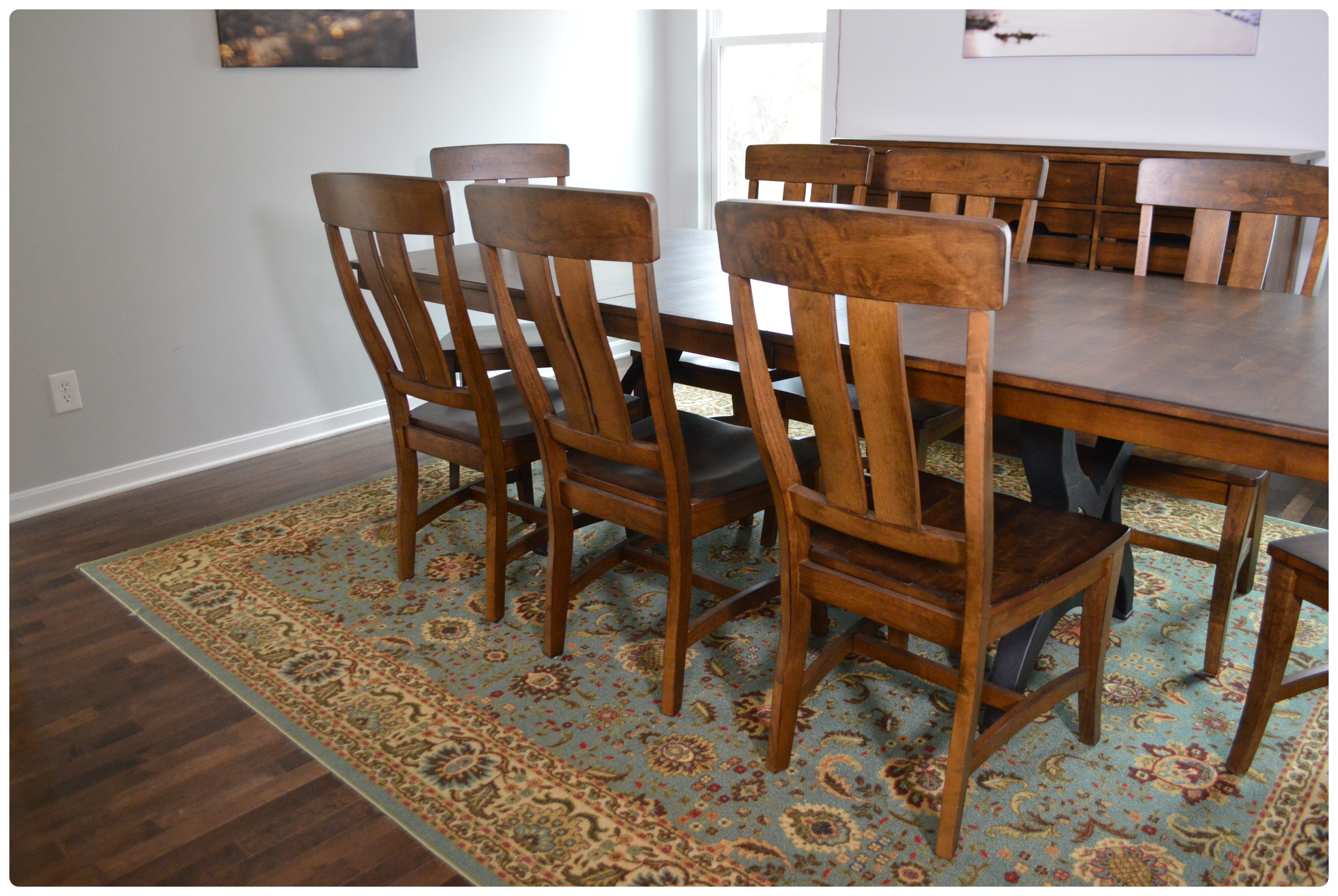 Great Veca Walnut Stained Distressed Wood and Metal Dining Table and