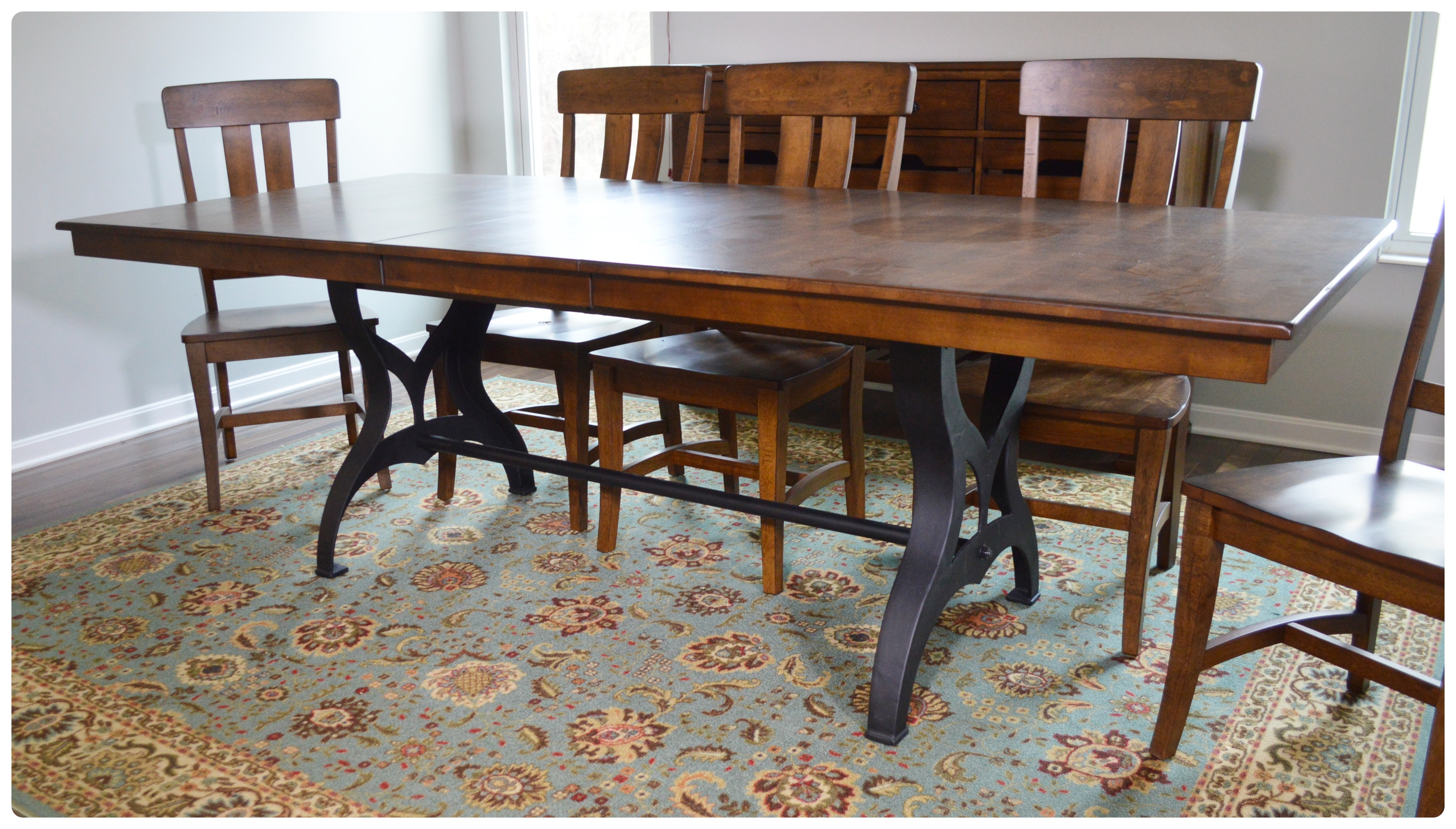 Great Veca Walnut Stained Distressed Wood and Metal Dining Table and
