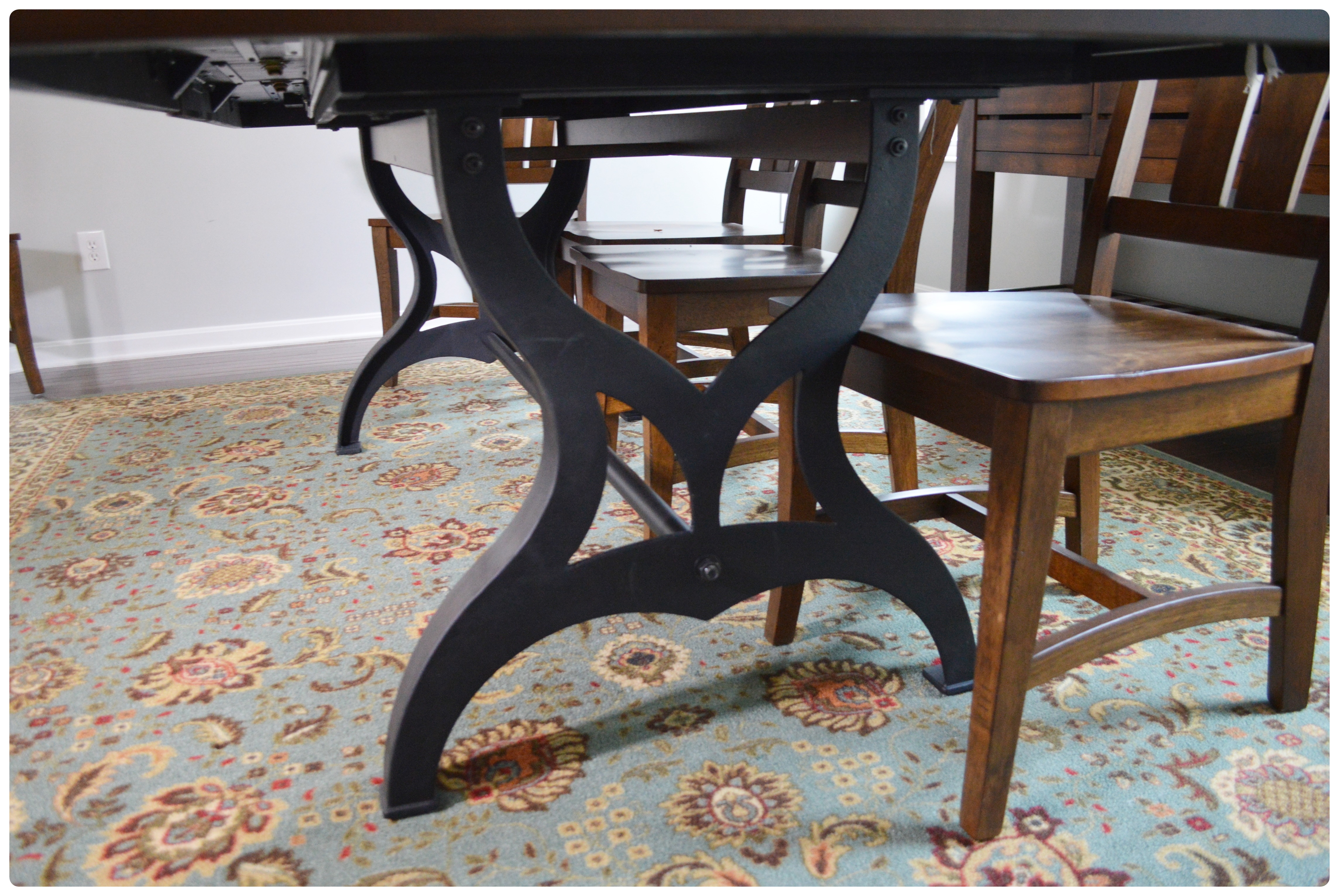 Great Veca Walnut Stained Distressed Wood and Metal Dining Table and