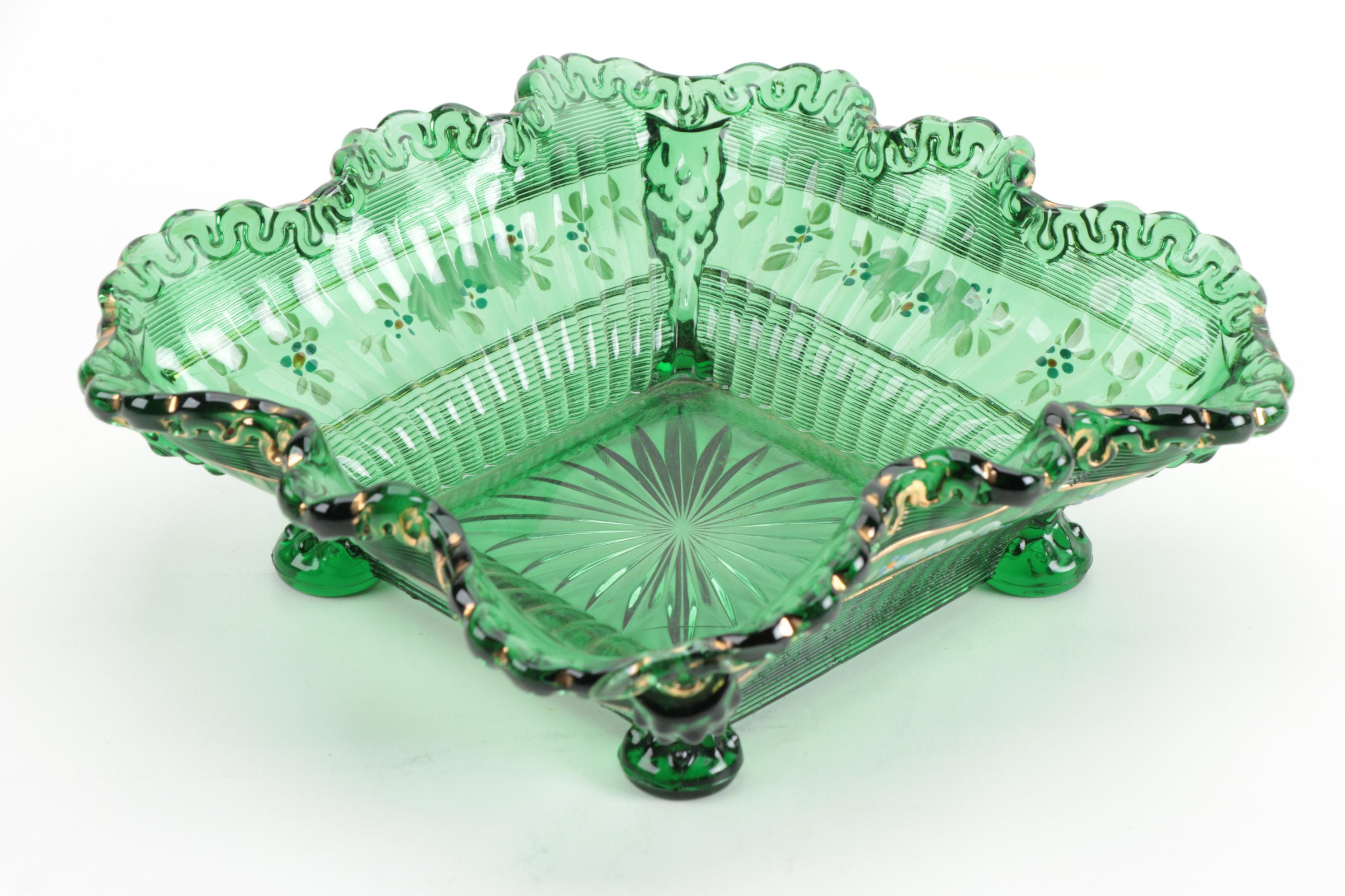 Northwood "Alaska" Pressed Glass Berry Bowl and Creamer in Green EBTH