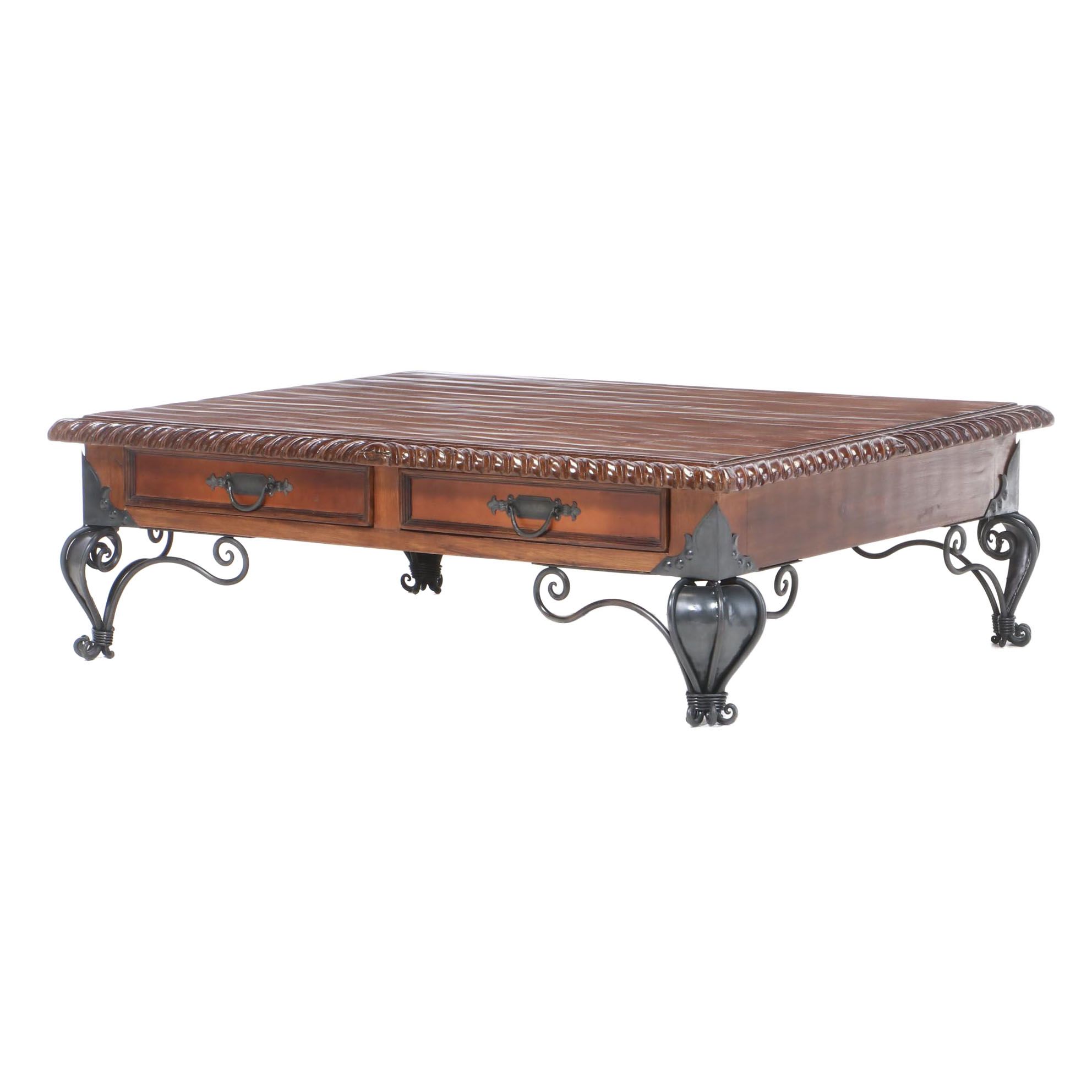 Artisan Carved Reclaimed Wood Coffee Table with Wrought Iron Legs