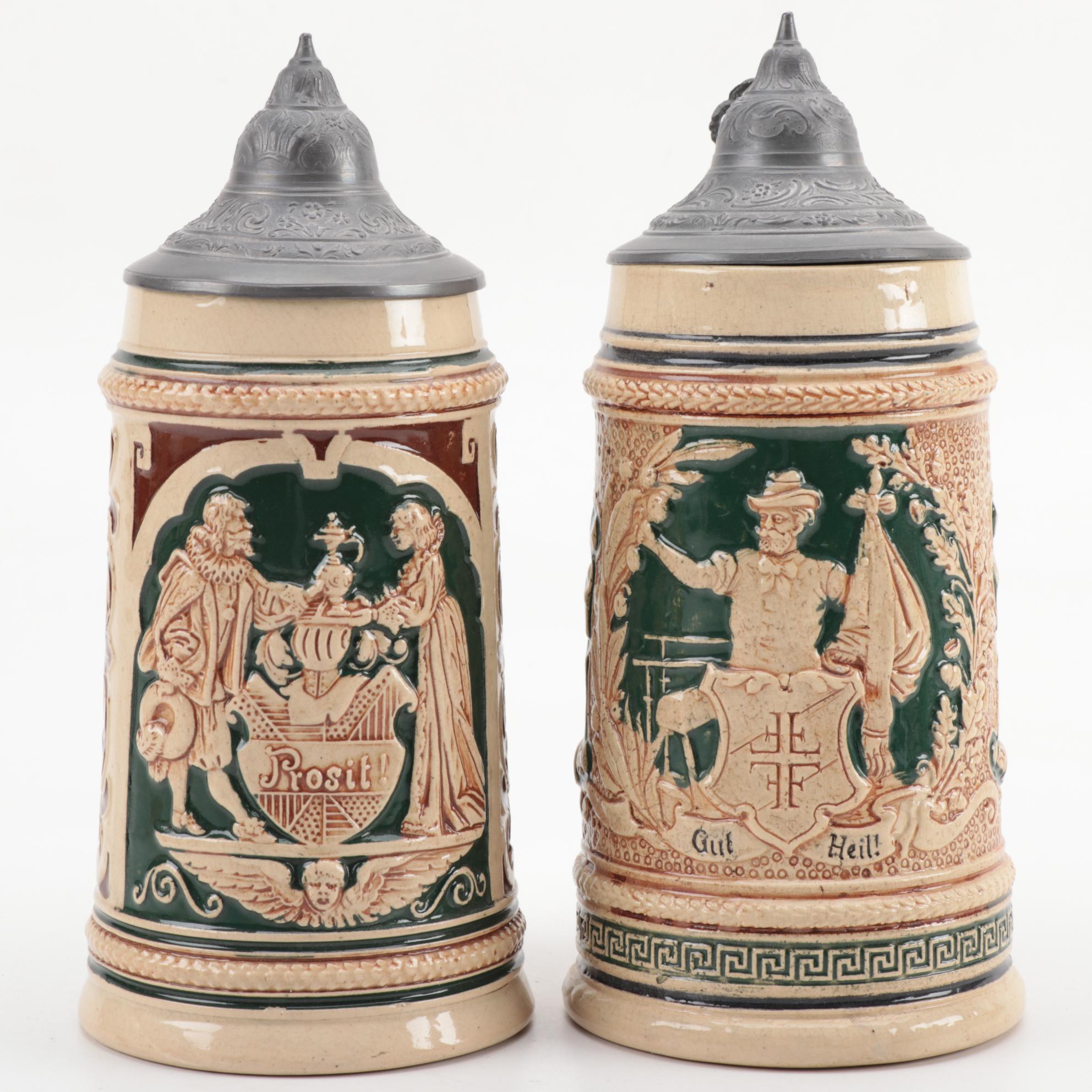 German Earthenware Beer Steins Including Tirol Coat of Arms Stein EBTH
