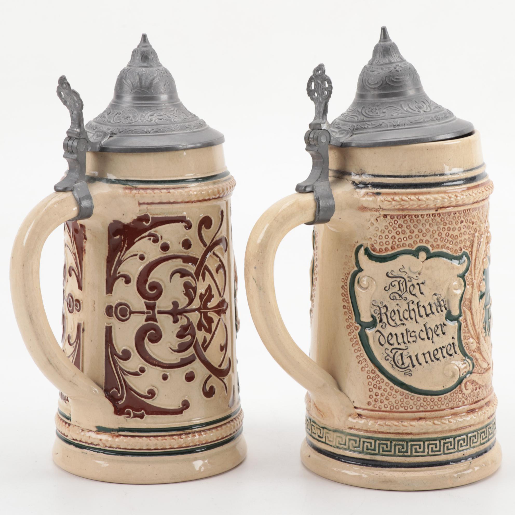 German Earthenware Beer Steins Including Tirol Coat of Arms Stein EBTH