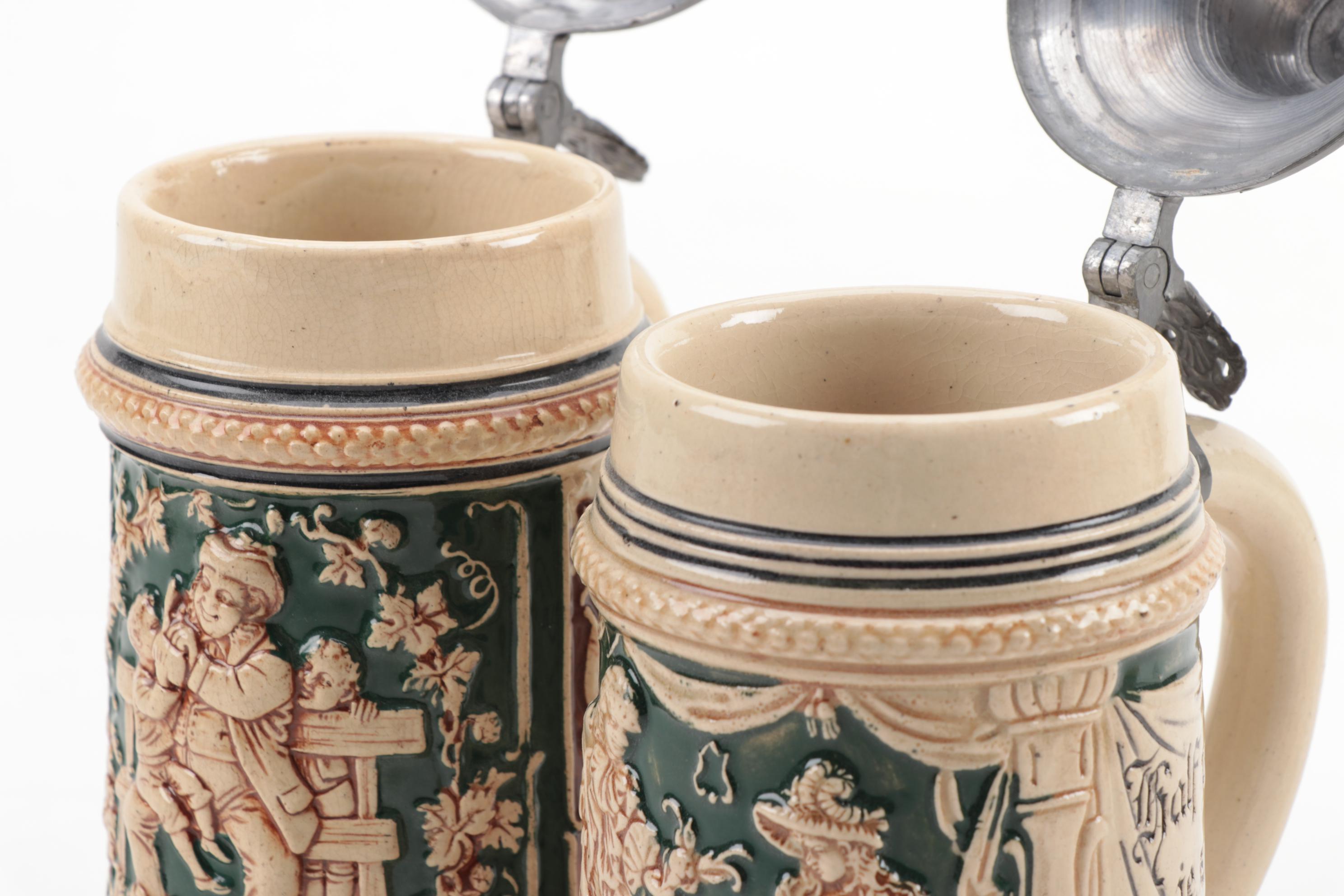 German Earthenware Beer Steins Including Tirol Coat of Arms Stein EBTH