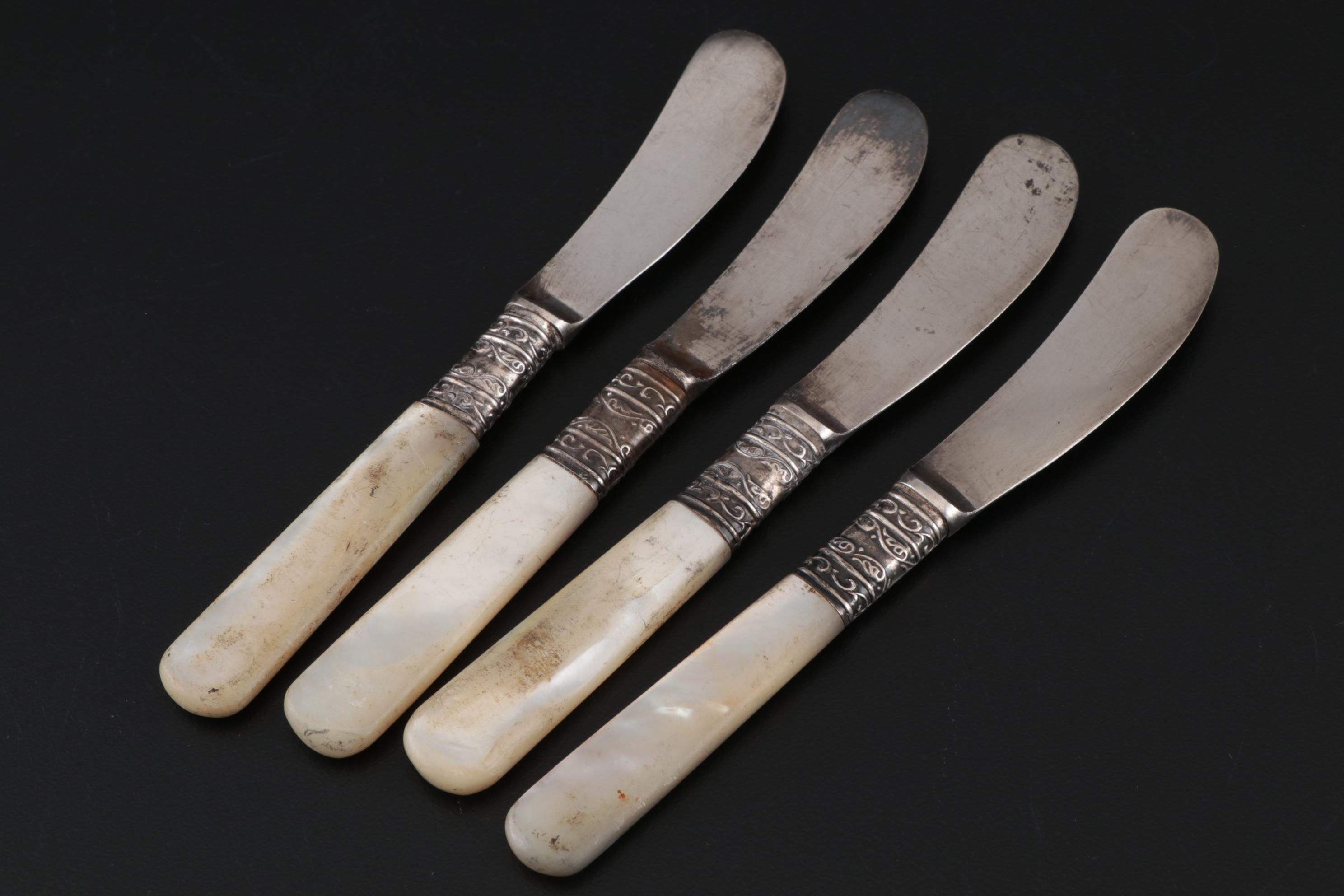 Meriden Cutlery Co. Butter Spreaders with Sterling and Mother of Pearl