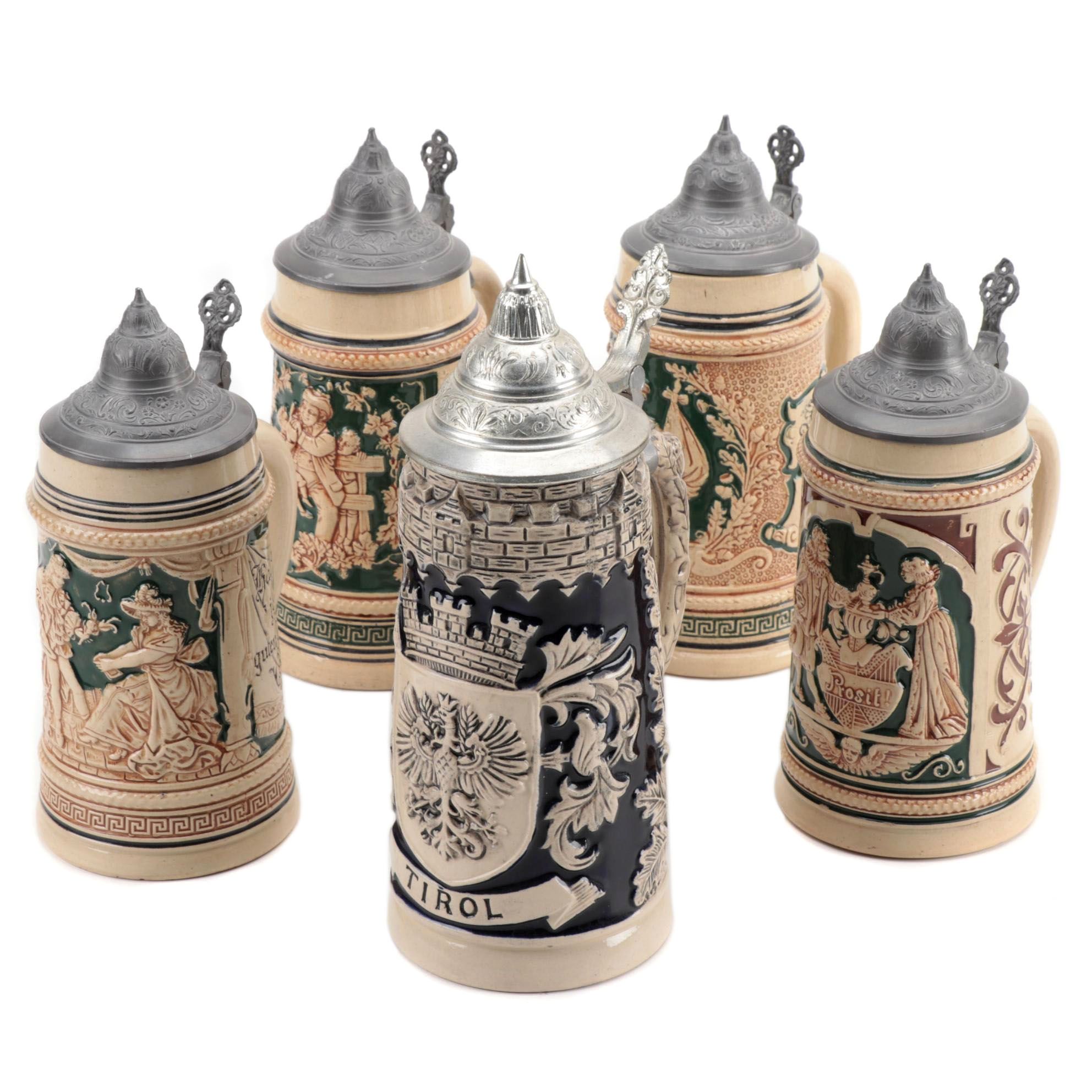 German Earthenware Beer Steins Including Tirol Coat of Arms Stein EBTH