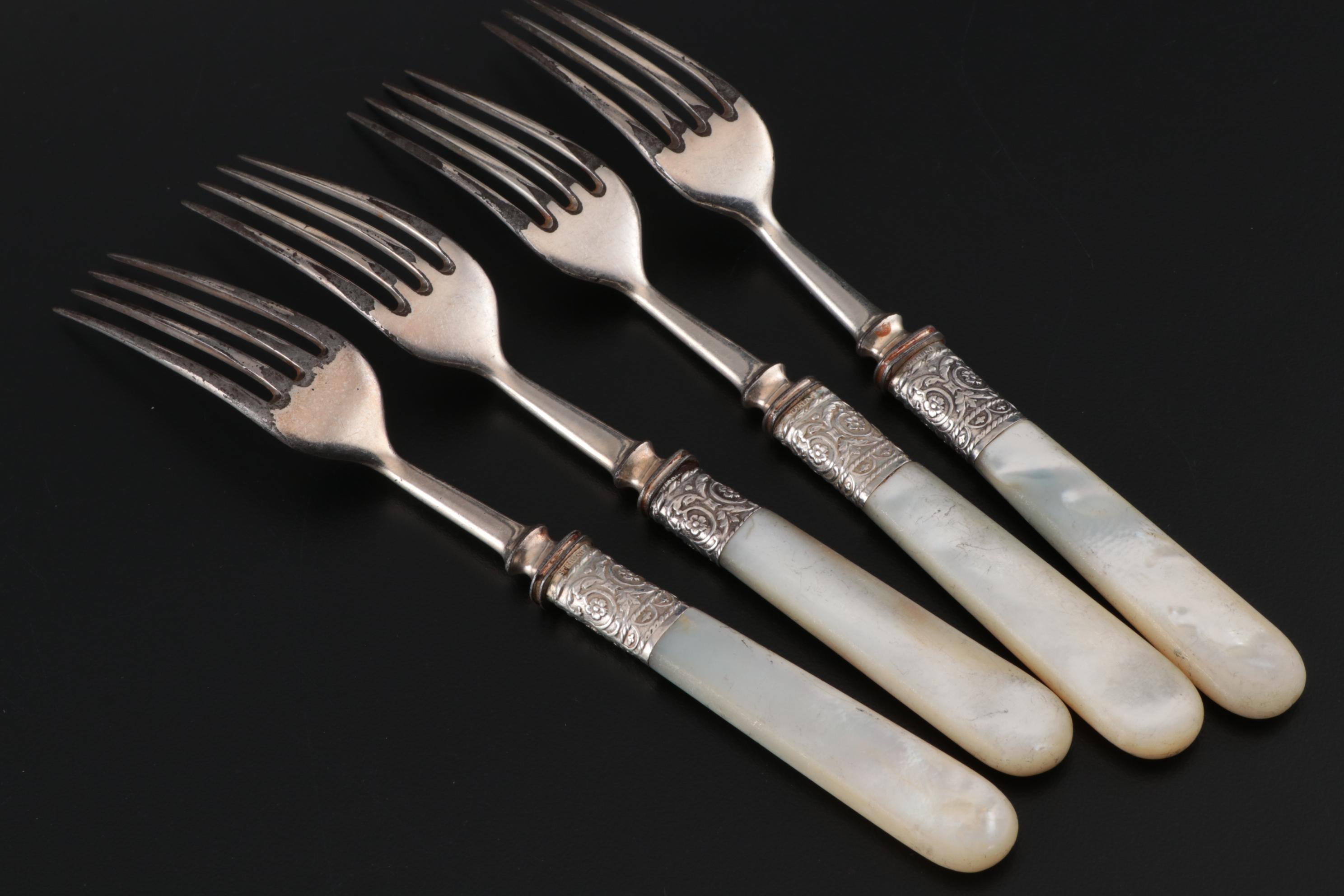 Forks and Fruit Knives with Sterling Ferrules and Mother of Pearl