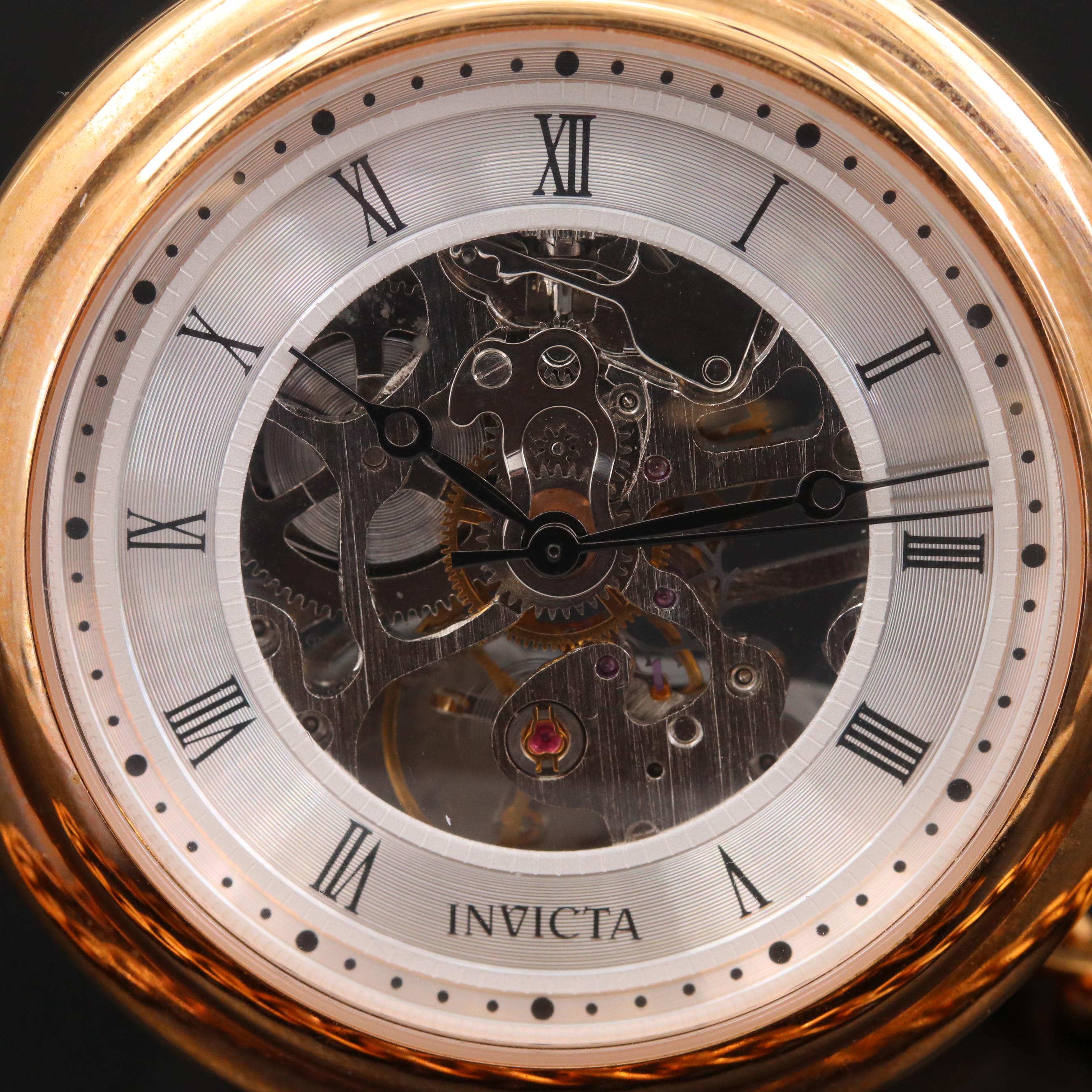 Invicta Skeleton Case Stainless Steel Pocket Watch with Chain Fob EBTH