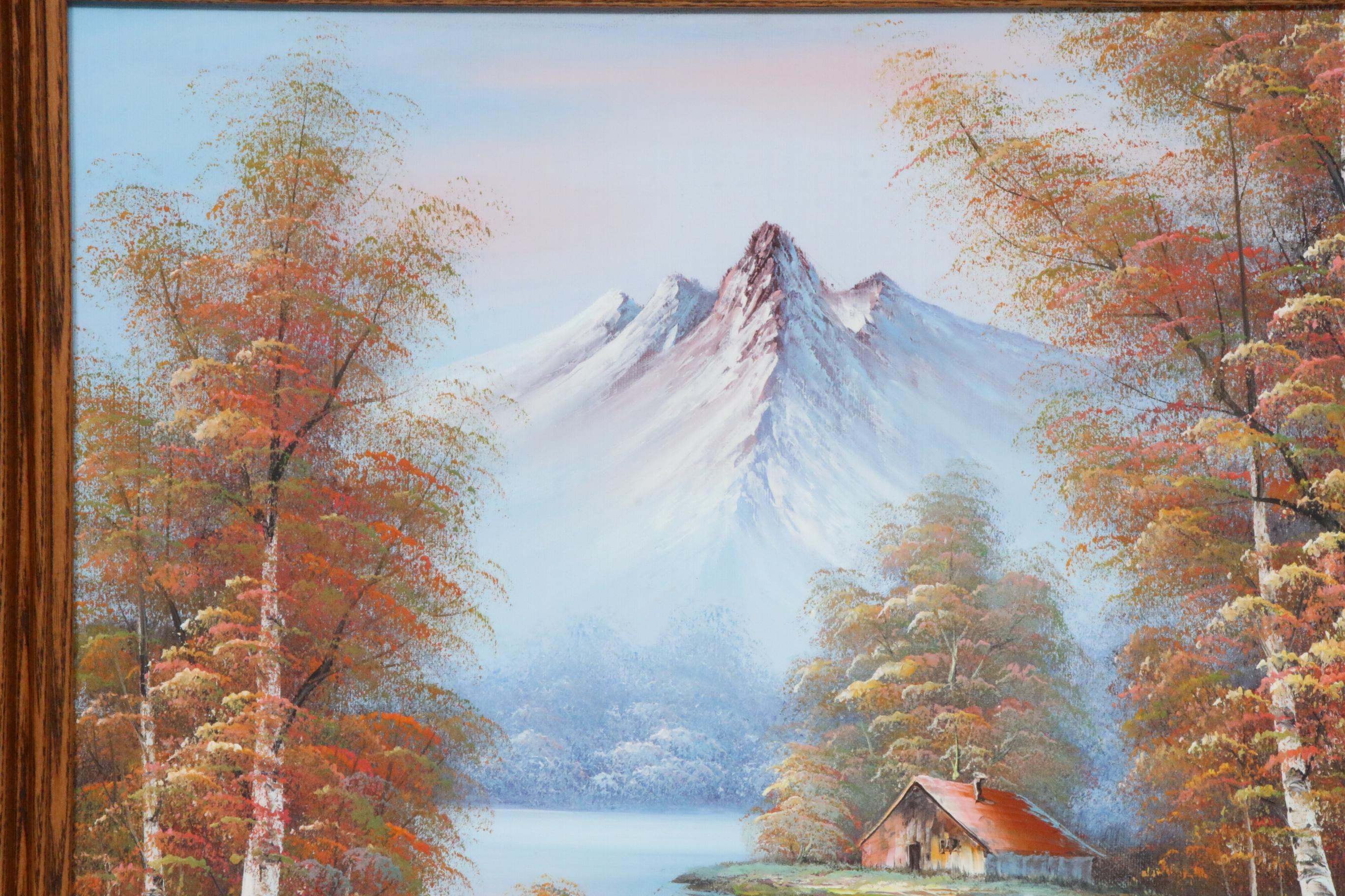 Mountain Landscape with Cabin Oil Painting, Late 20th Century EBTH