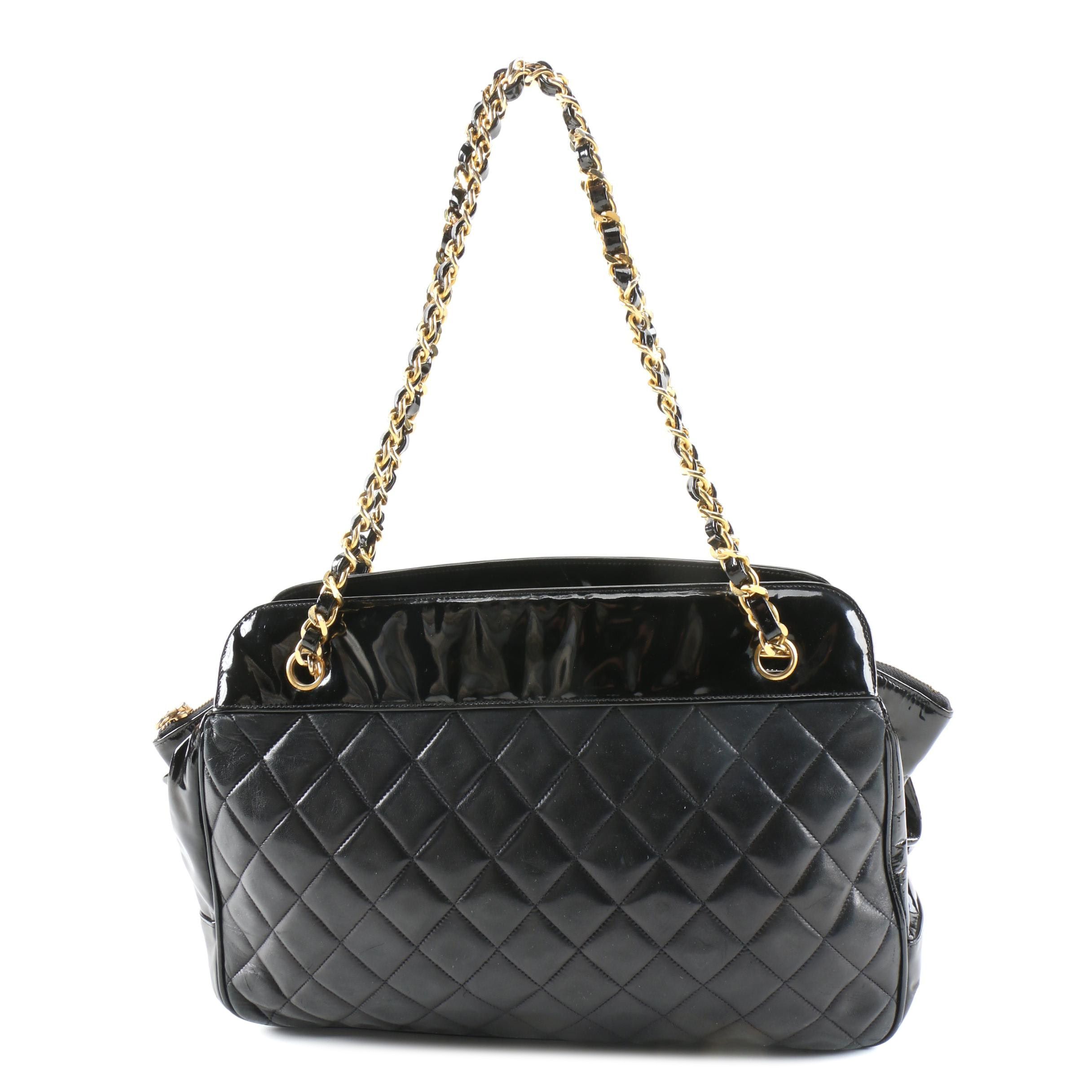 Chanel Matelassé Quilted Black Lambskin and Patent Leather Shoulder Bag
