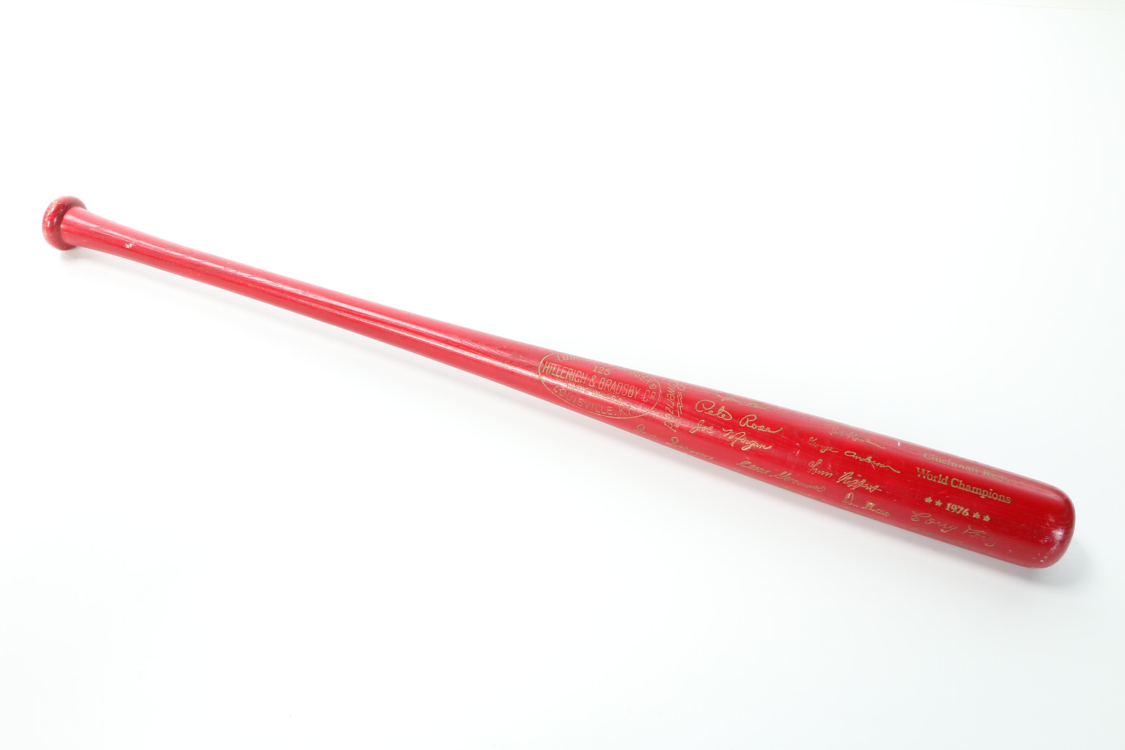 Cincinnati Reds '75 Pennant, '76 Red Bat with Other Baseball