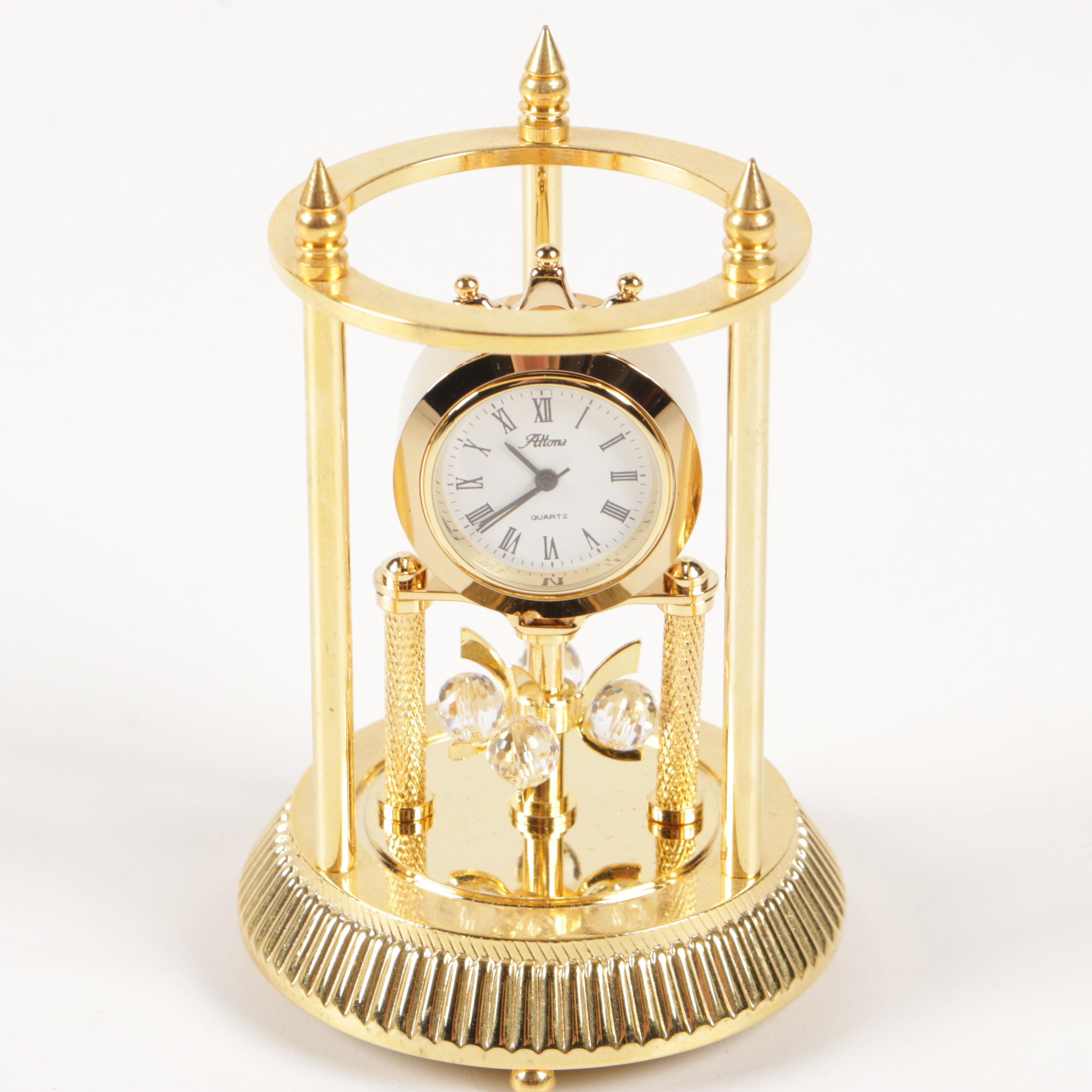 Bulova and Attuna Miniature Brass Tone Clocks, Late 20th Century EBTH